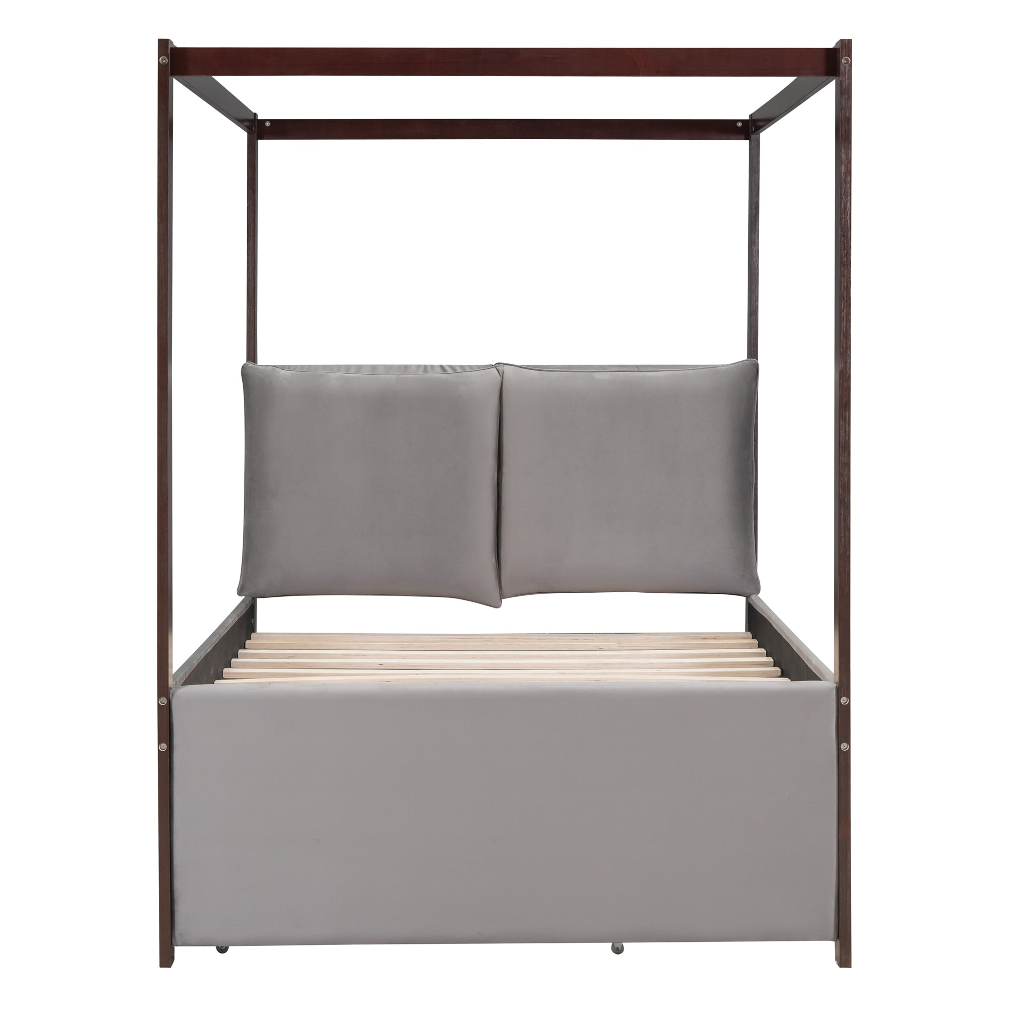 Full Size Upholstered Canopy Bed with Trundle and 3 Drawers, Gray