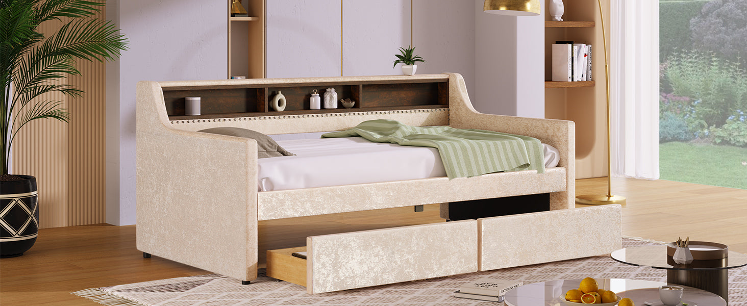 Twin Size Snowflake Velvet Daybed with Two Storage Drawers and Built-in Storage Shelves,Beige
