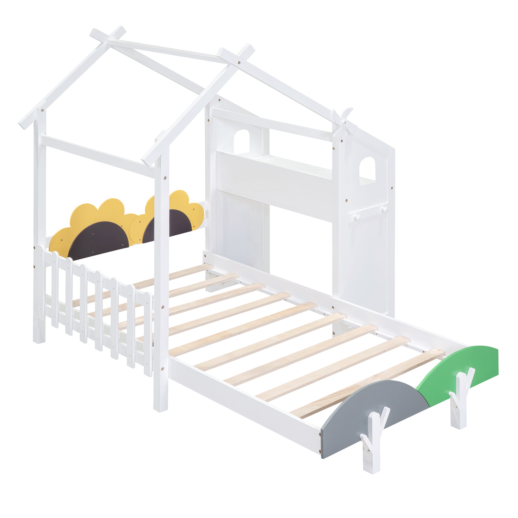 Twin Size Platform Bed with Windmill and Flower Decor, House Bed with Desk and two Handles, White