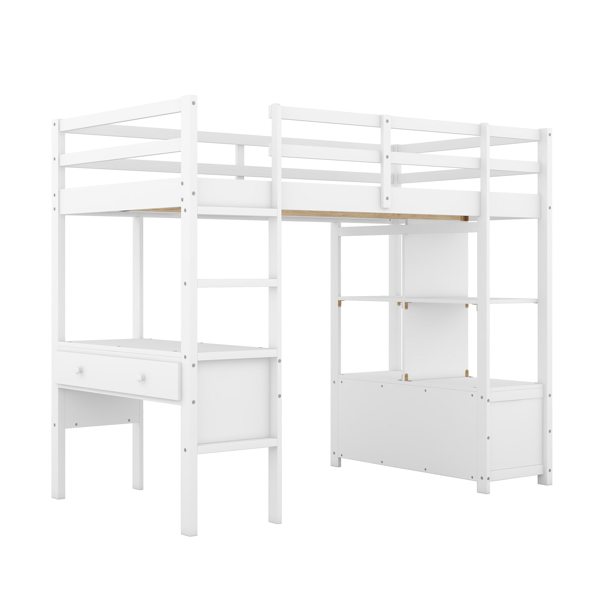 Twin Size Loft Bed with Built-in Desk with Two Drawers, and Storage Shelves and Drawers,White