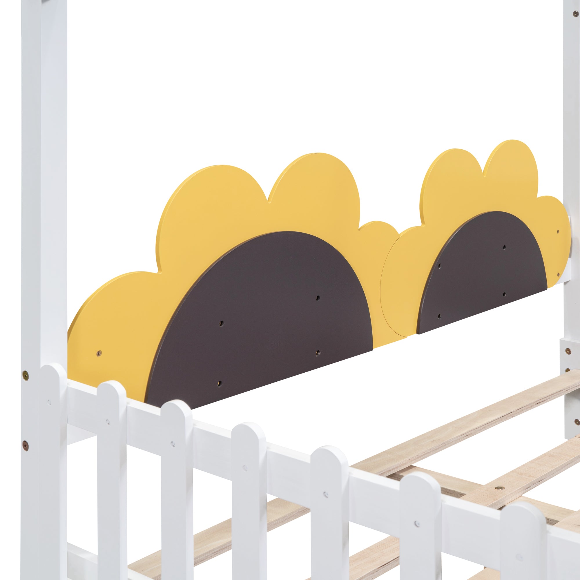 Full Size Platform Bed with Windmill and Flower Decor, House Bed with Desk and two hooks, White