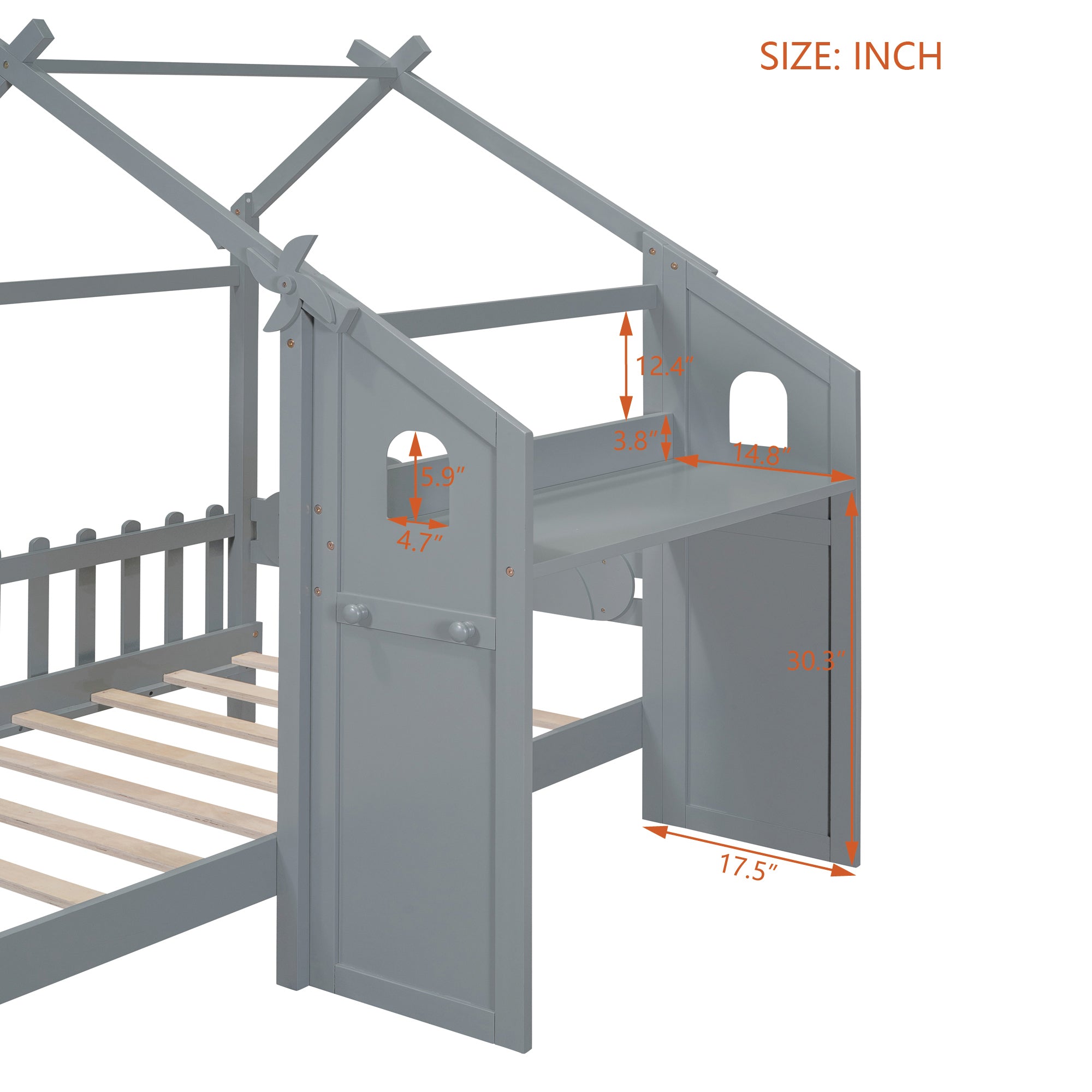 Twin Size Platform Bed with Windmill and Flower Decor, House Bed with Desk and two Handles, Gray