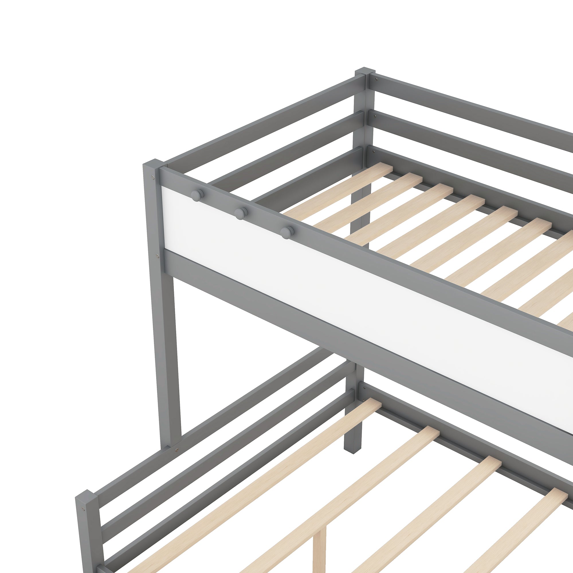 Wood Twin over Full Bunk Bed with Whiteboard, 3 Hooks and 2 Drawers, Grey
