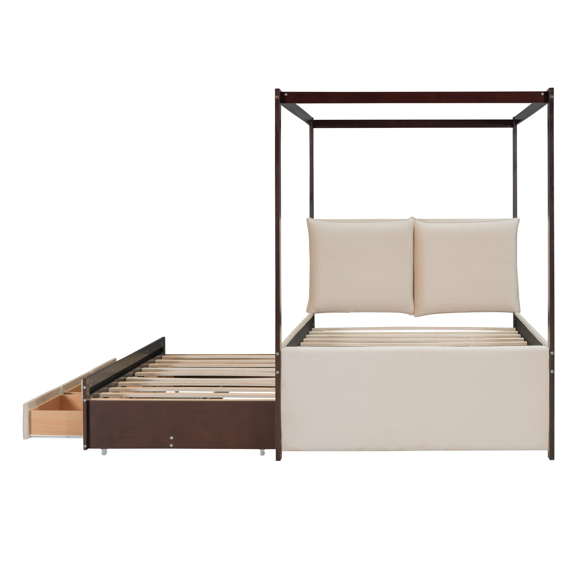 Full Size Upholstered Canopy Bed with Trundle and 3 Drawers, Beige