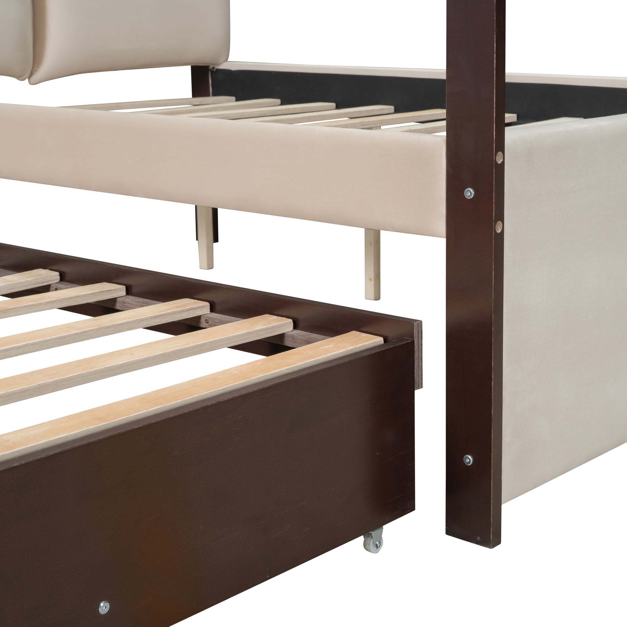 Full Size Upholstered Canopy Bed with Trundle and 3 Drawers, Beige