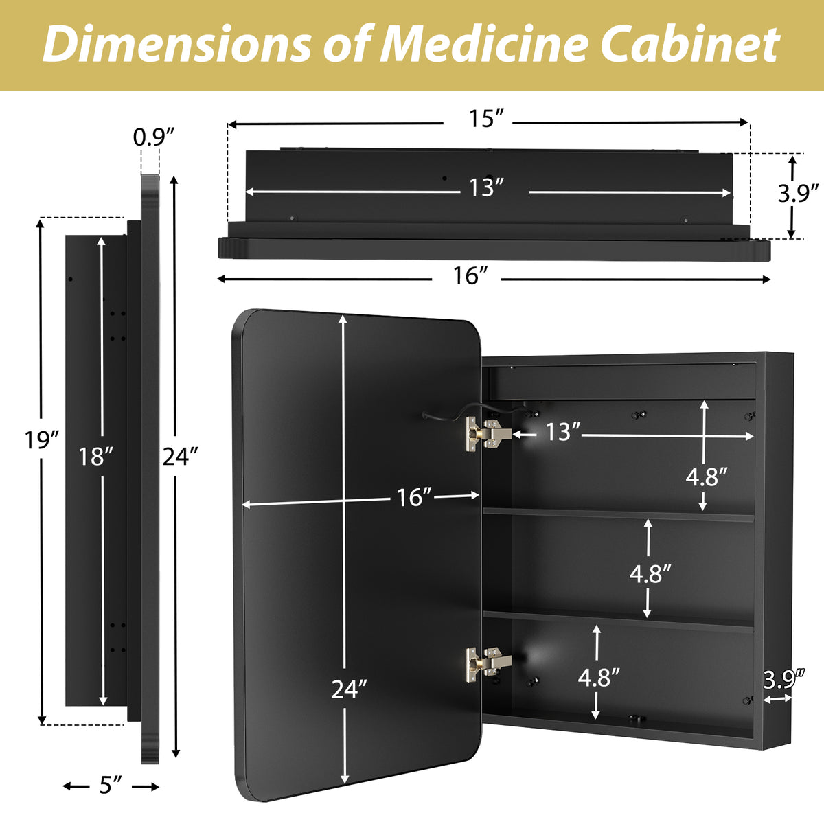 16 x 24 Inch Black Bathroom Medicine Cabinet with Mirror