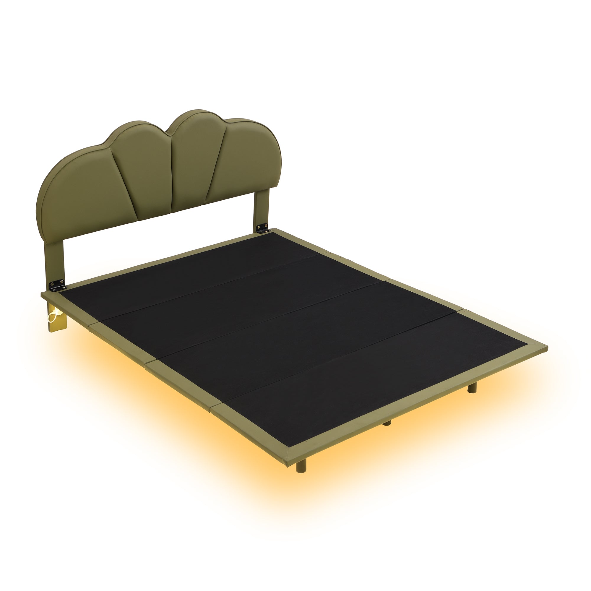 Full Size Upholstery Platform Bed with PU Leather Headboard and Support Legs,Underbed LED Light,Green