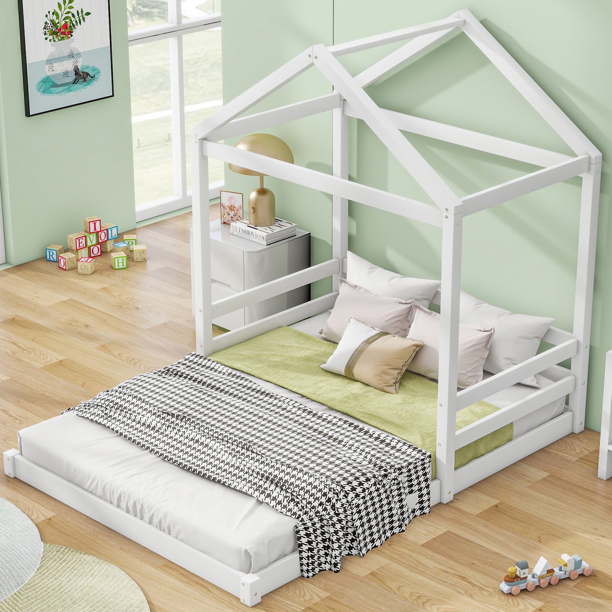 Wood Full Size House Bed with Guardrail, White