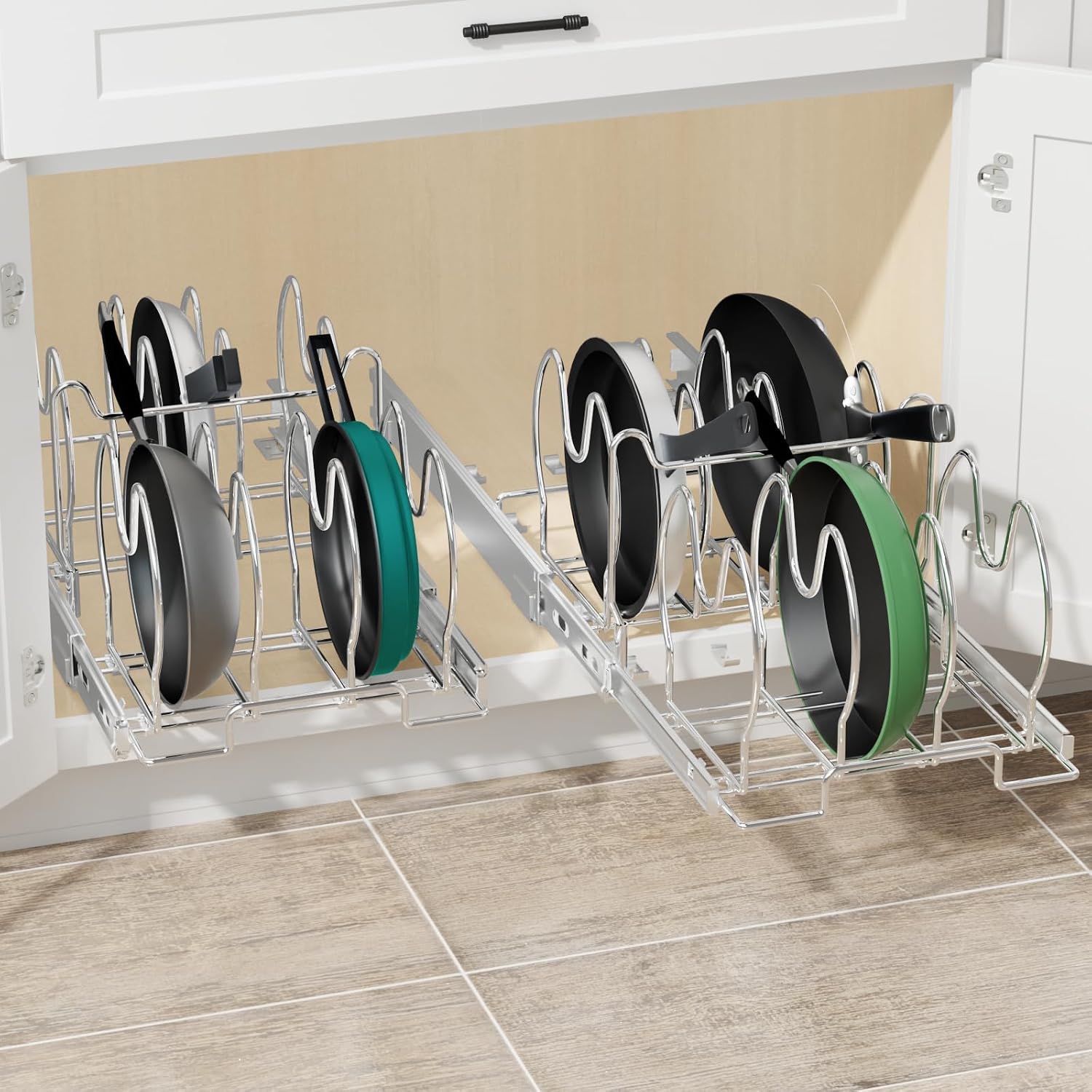 Pull Out Pots and Pans Organizer for Cabinet, Adjustable Slide Out Pan and Pot Lid Rack Holder Under Cabinet Kitchen Organization and Storage, Cutting Board Bakeware Tray Organizer-11in.W x 21in.D