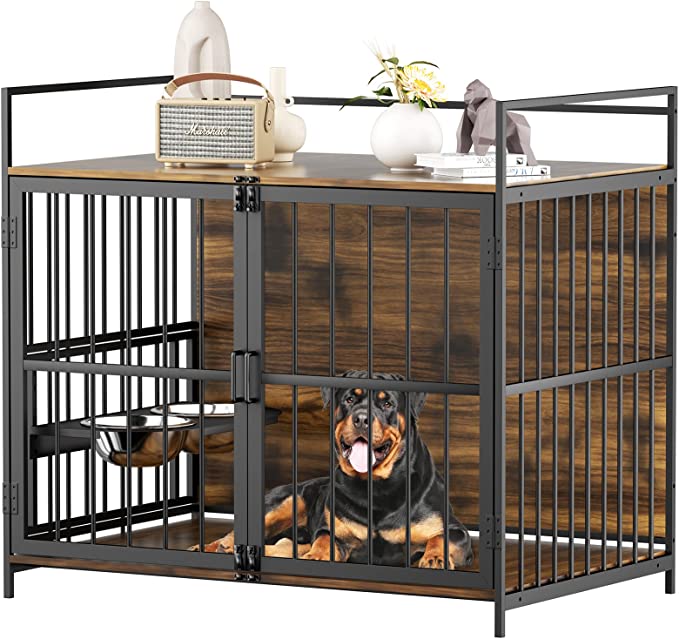 Furniture Style Adjustable Dog Crate with Adjustable Raised Feeder