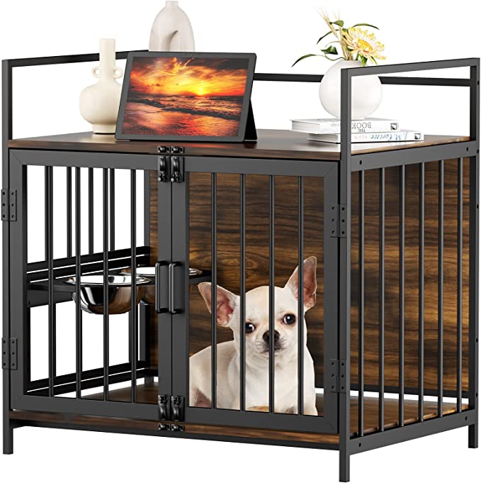 Furniture Style Adjustable Dog Crate with Adjustable Raised Feeder