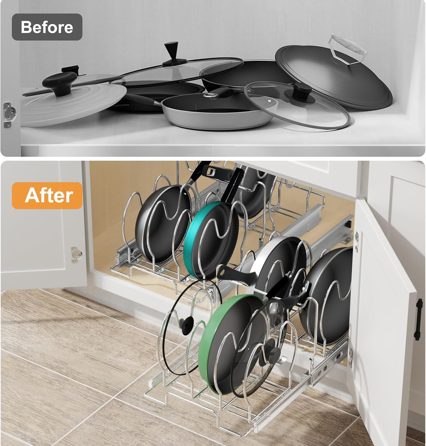 Pull Out Pots and Pans Organizer for Cabinet, Adjustable Slide Out Pan and Pot Lid Rack Holder Under Cabinet Kitchen Organization and Storage, Cutting Board Bakeware Tray Organizer-11in.W x 21in.D
