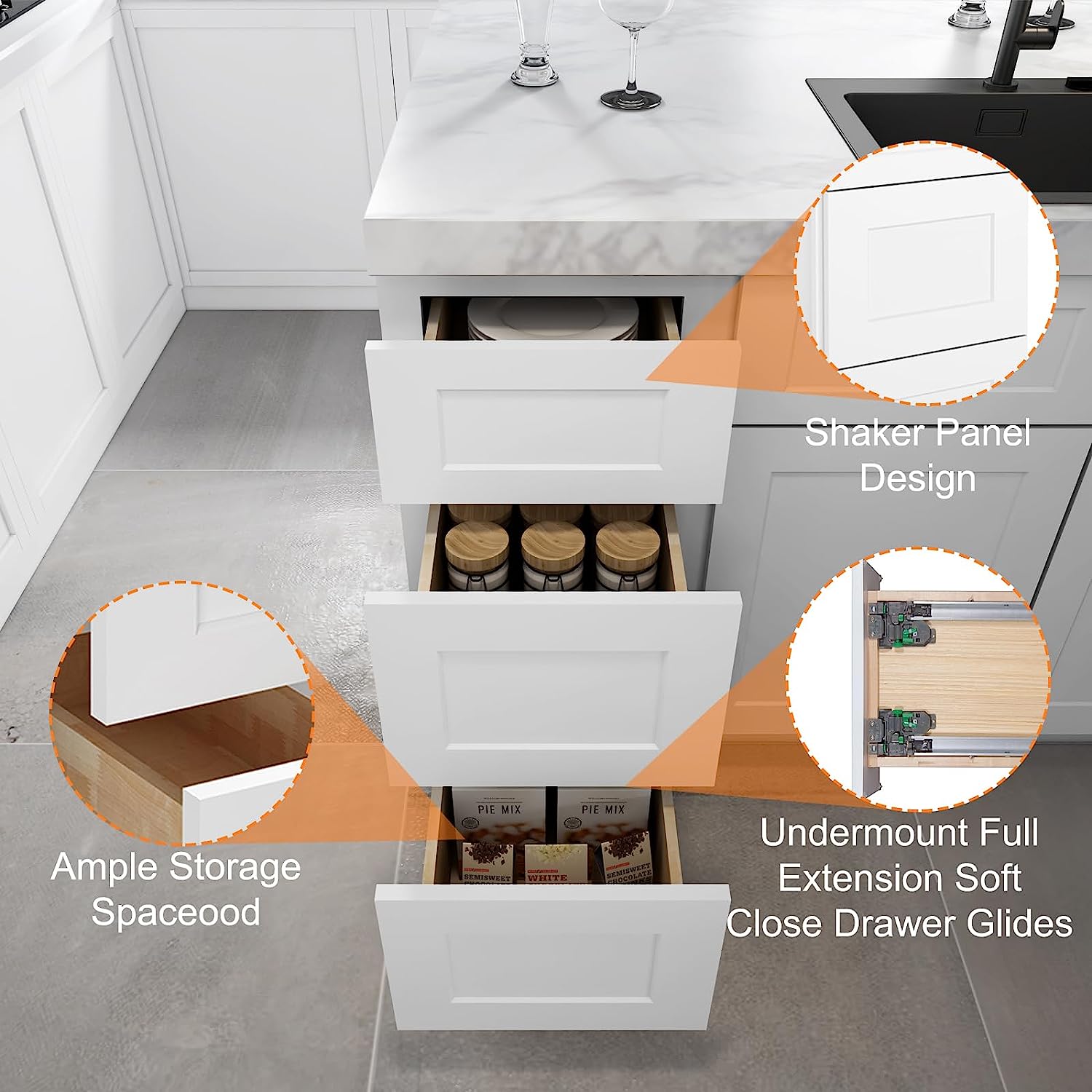 Single row 3-Drawer Kitchen Base Cabinets