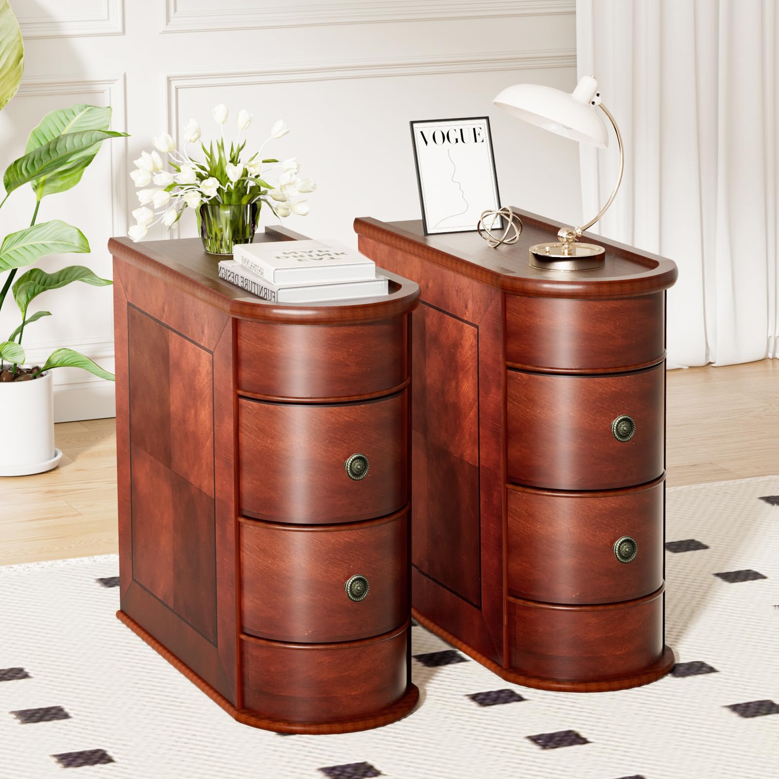 Solid Wood Narrow End Table, Fully Assembled Side Table Living Room | Slim Side Table with 2 Drawers, Vintage Small Nightstand for Bedside Bedroom Small Spaces, Finished Back