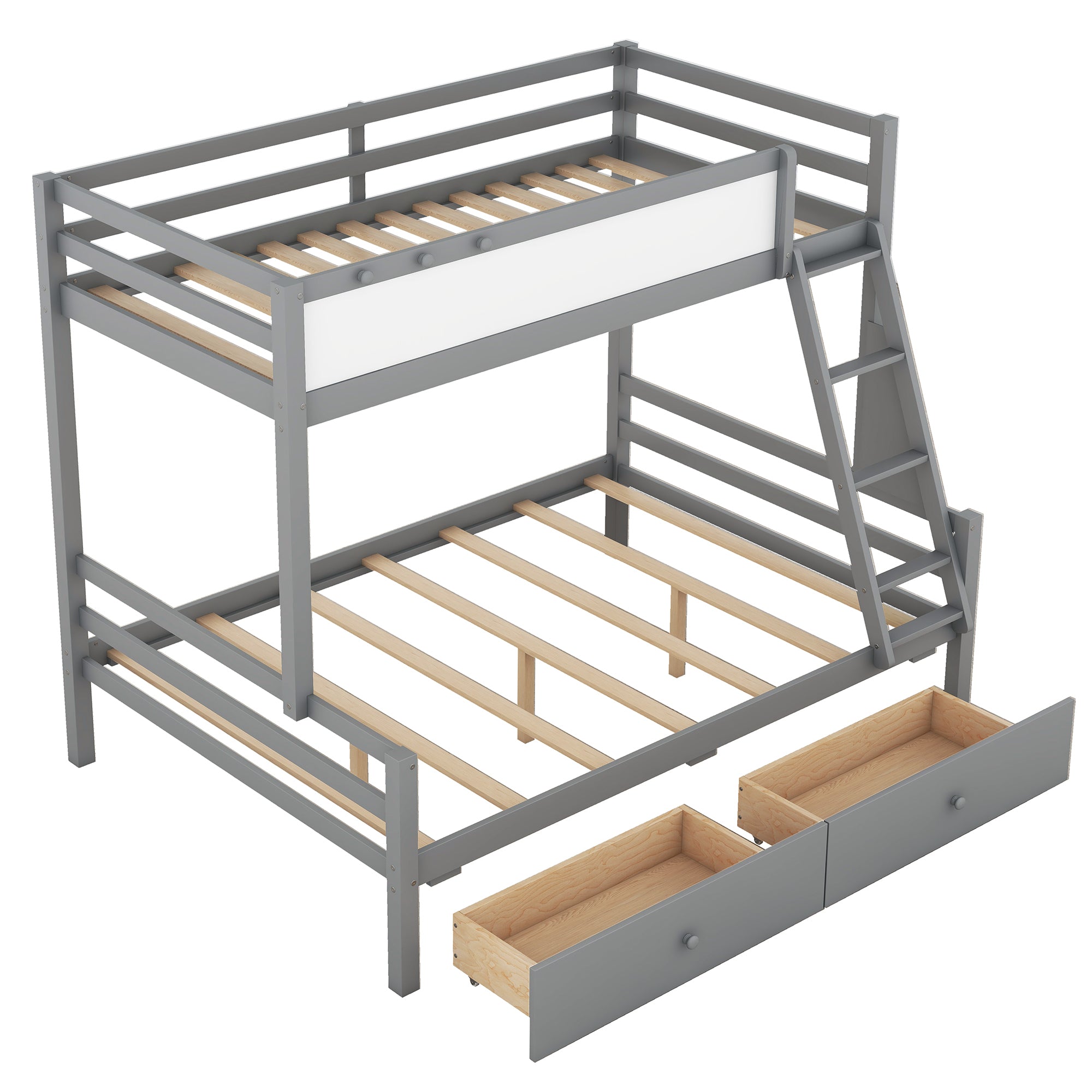 Wood Twin over Full Bunk Bed with Whiteboard, 3 Hooks and 2 Drawers, Grey