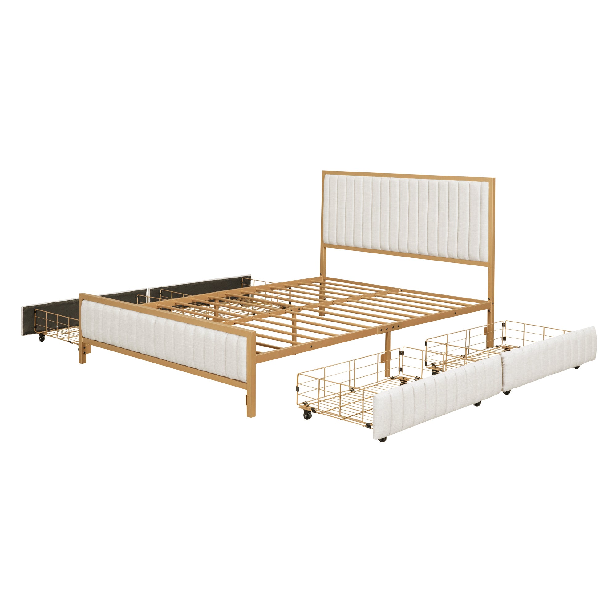 Full Size Metal Frame Upholstered Bed with 4 Drawers, Linen Fabric, Beige