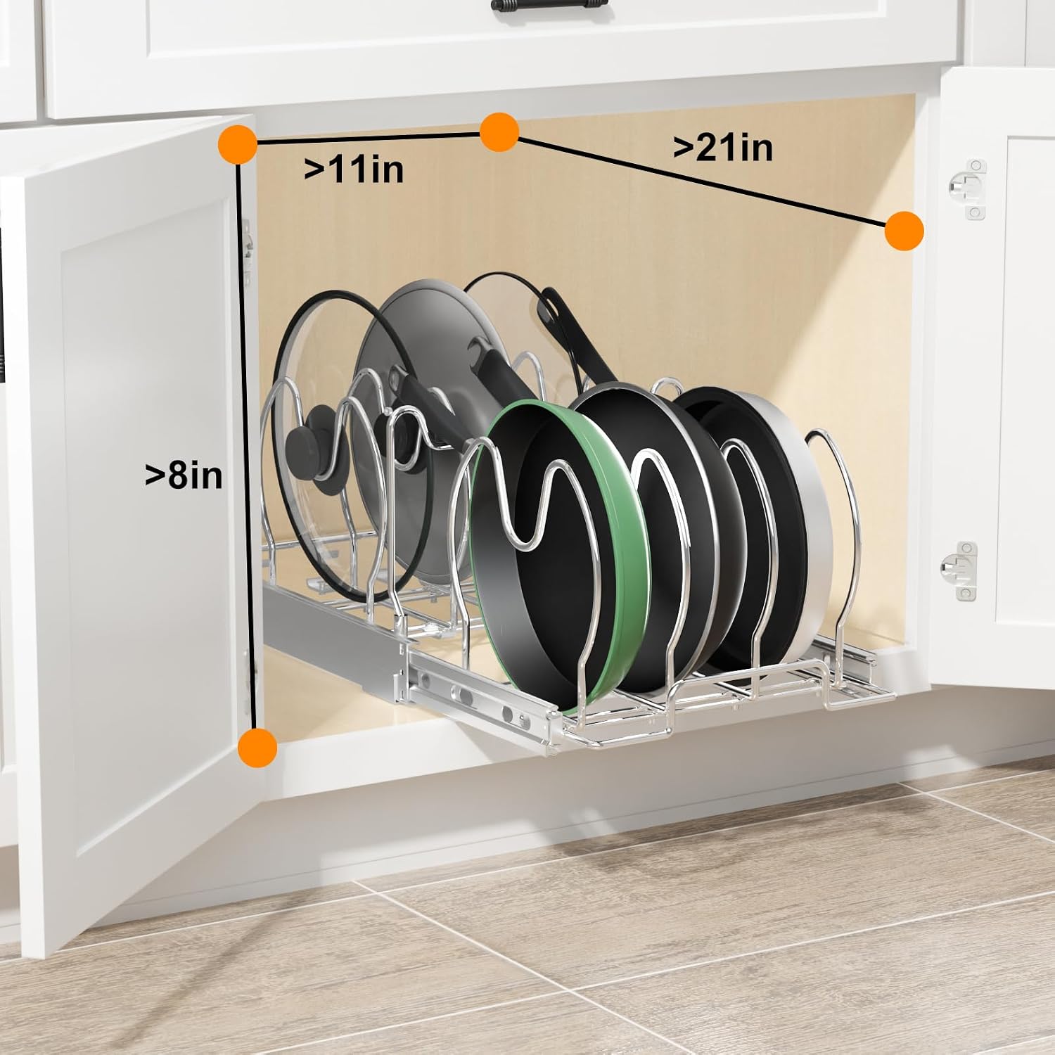 Pull Out Pots and Pans Organizer for Cabinet, Adjustable Slide Out Pan and Pot Lid Rack Holder Under Cabinet Kitchen Organization and Storage, Cutting Board Bakeware Tray Organizer-11in.W x 21in.D