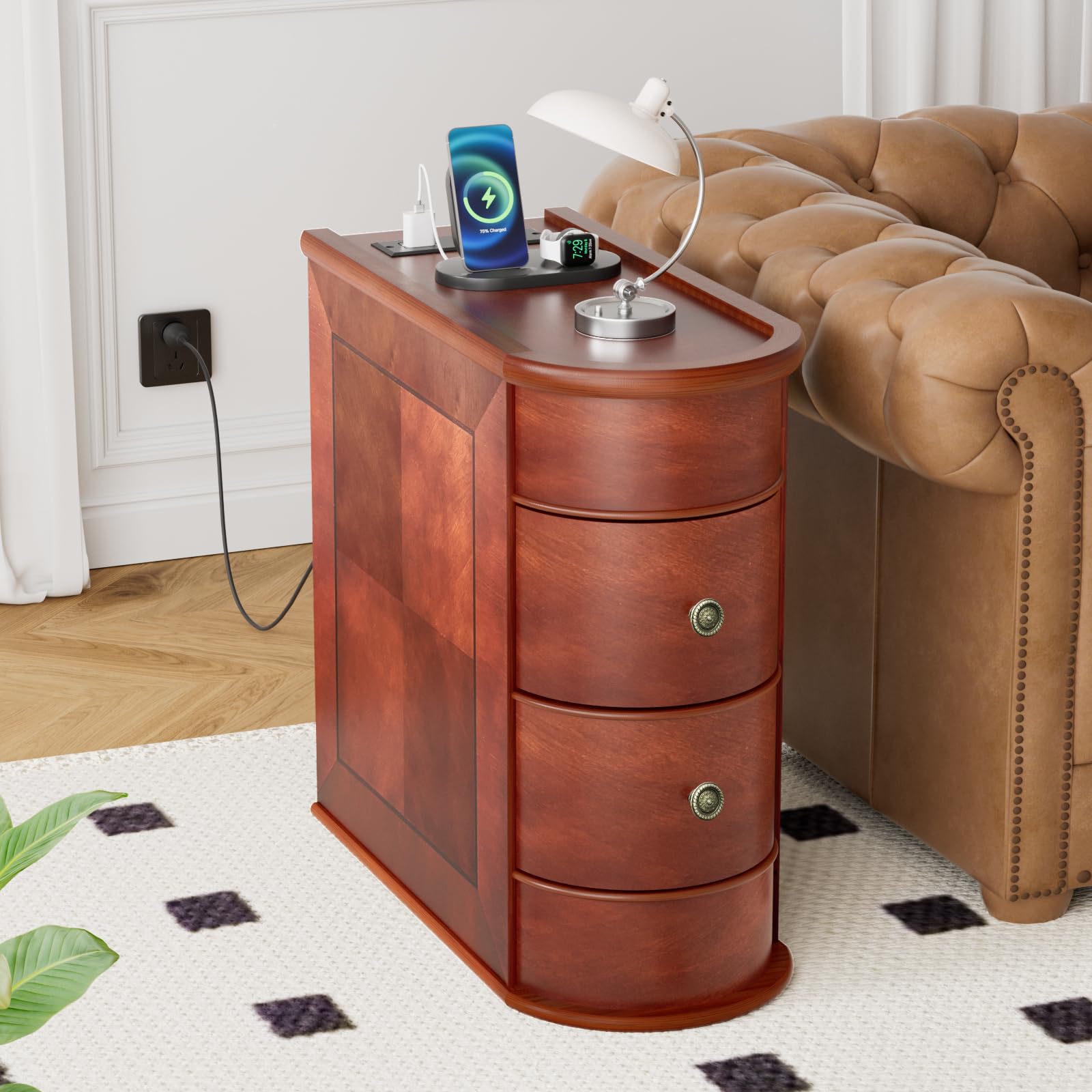 Solid Wood Narrow End Table, Fully Assembled Side Table Living Room | Slim Side Table with 2 Drawers, Vintage Small Nightstand for Bedside Bedroom Small Spaces, Finished Back