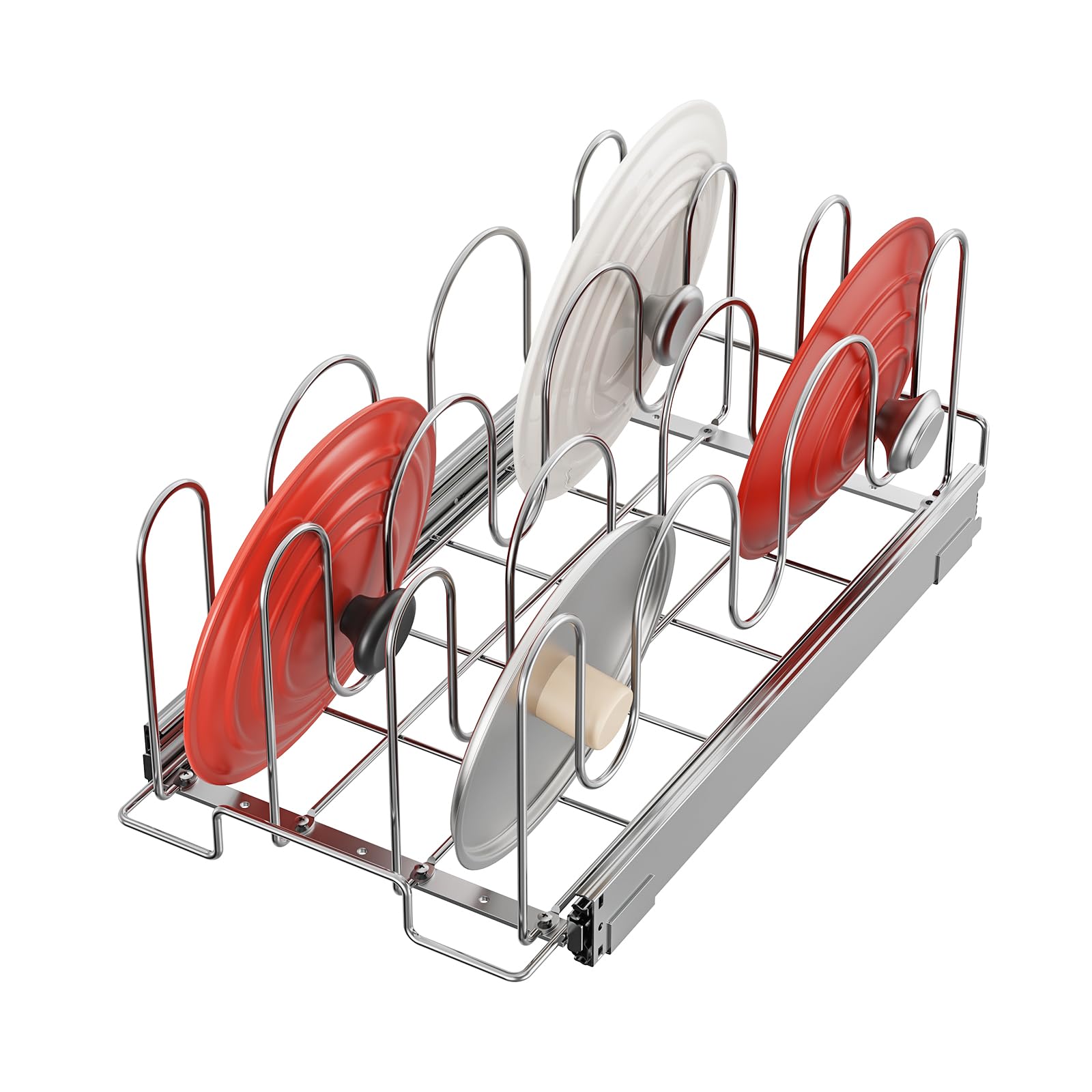 Slide Out Pan and Pot Lid Organizer for Cabinet, Kitchen Pull Out Pot Lid Rack Pantry Cutting Board Bakeware Cookware Holder - 11in. W x 21in. D - Chrome