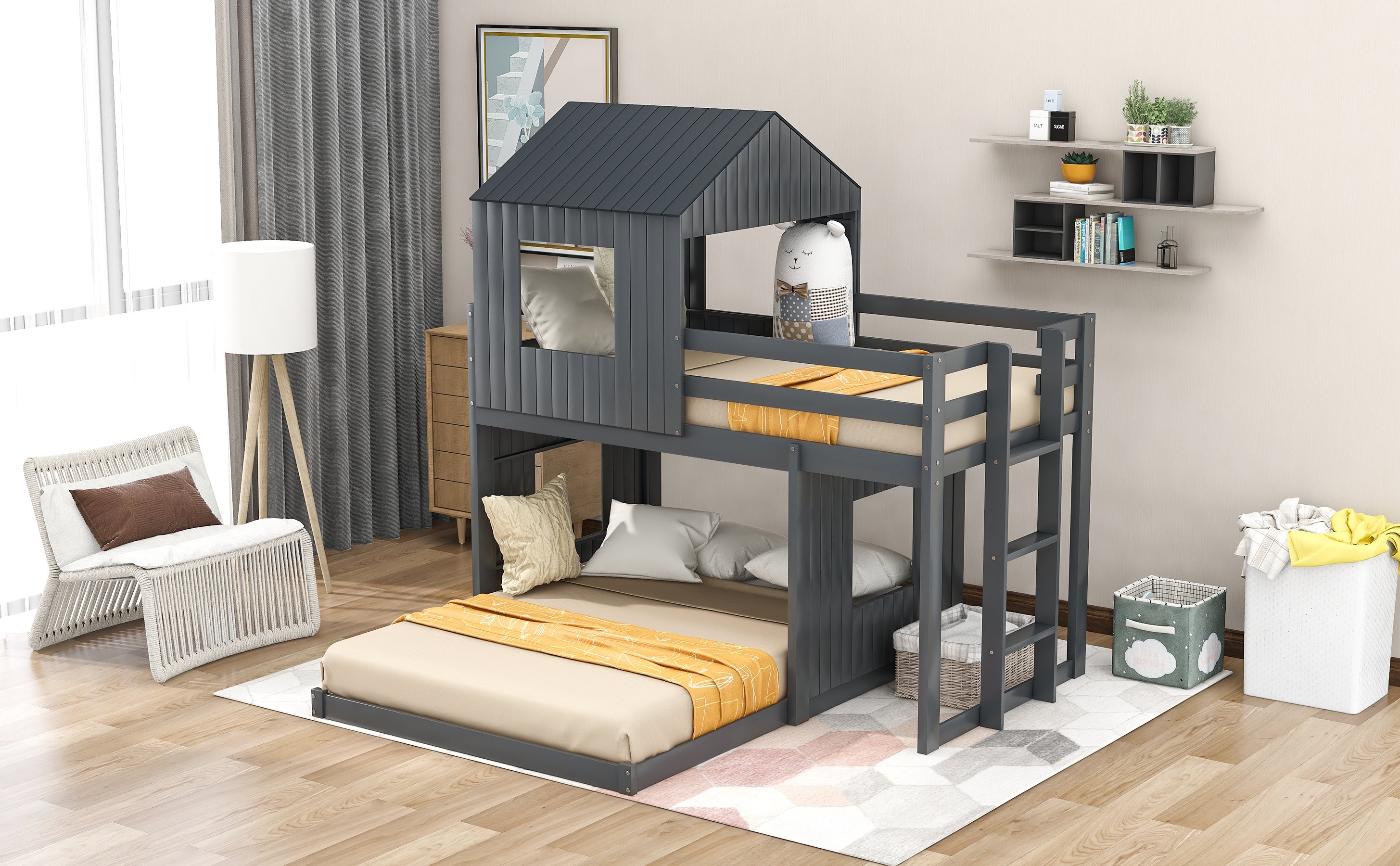 Wooden Twin Over Full Bunk Bed, Loft Bed with Playhouse, Farmhouse, Ladder and Guardrails , Gray( old sku: LT000027AAN )