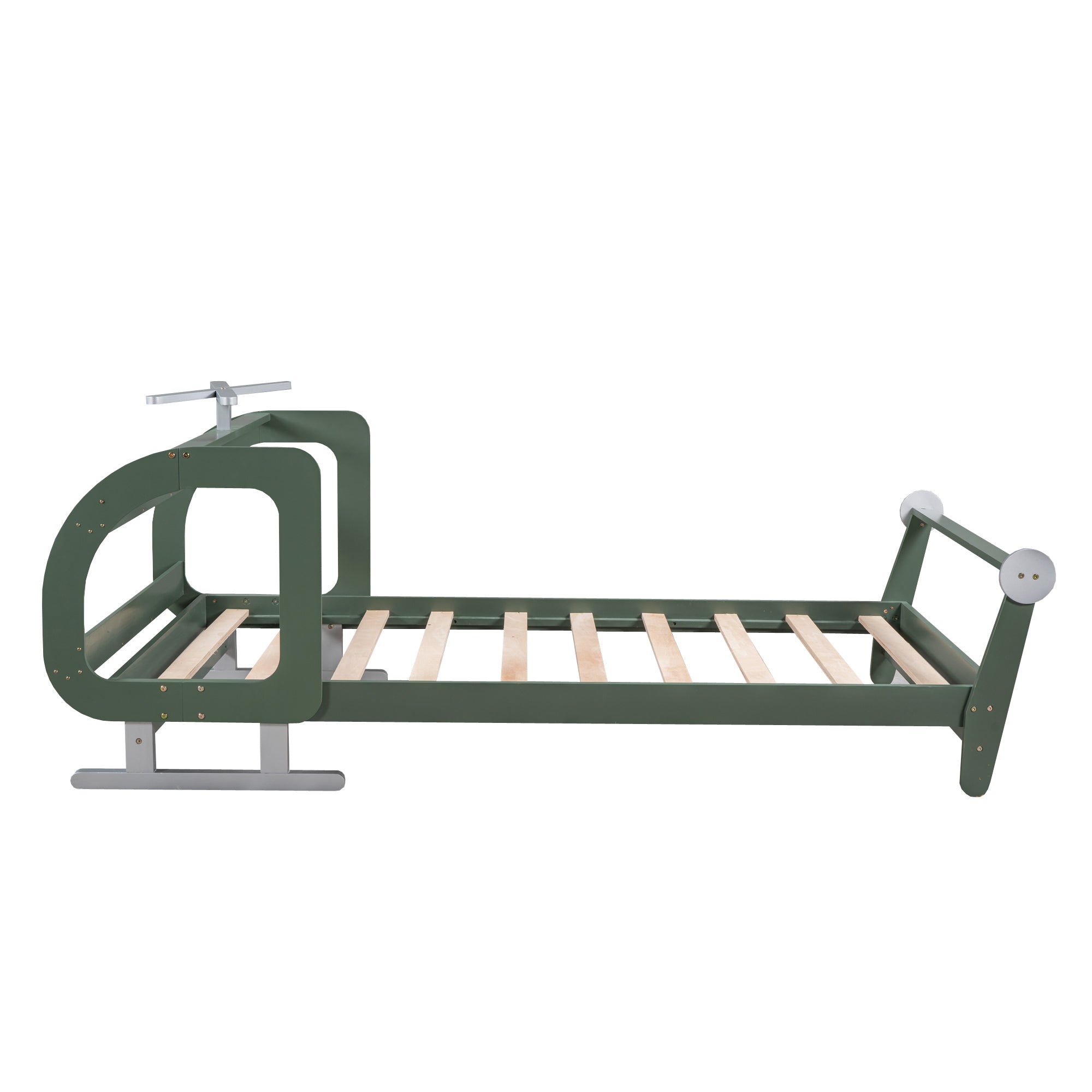 Twin Size Plane Shaped Platform Bed with Rotatable Propeller and Shelves, Green