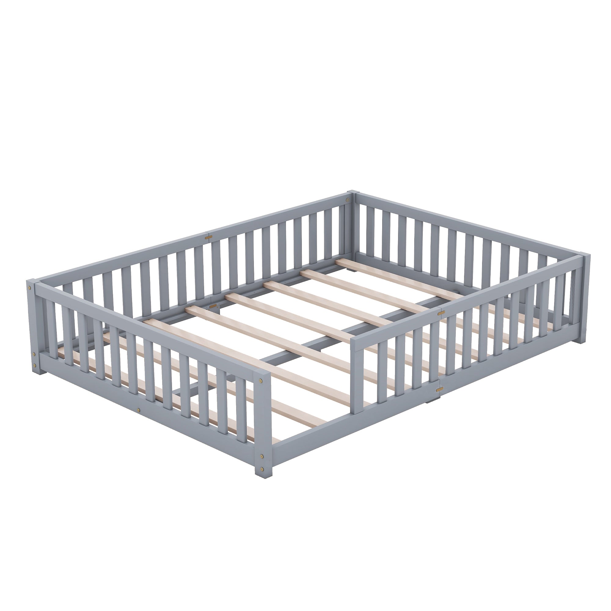 Queen Size Bed Floor Bed with Safety Guardrails and Door for Kids, Gray (Expect Arrival Date Nov.2nd)
