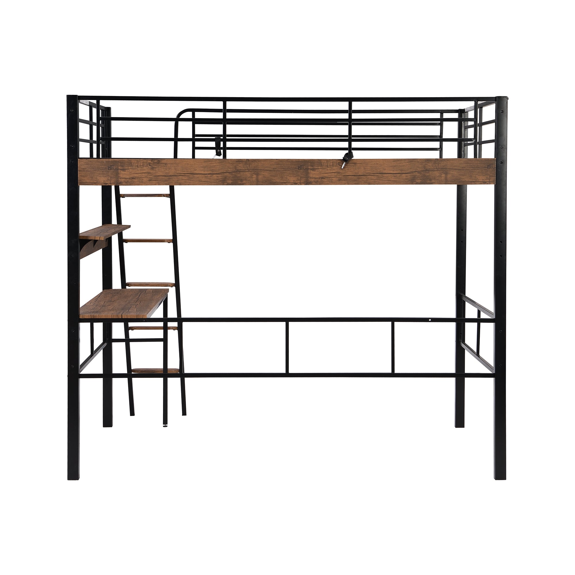 Metal Full Size Loft Bed with Built-in Desk, Storage Shelf and Ladder, Black