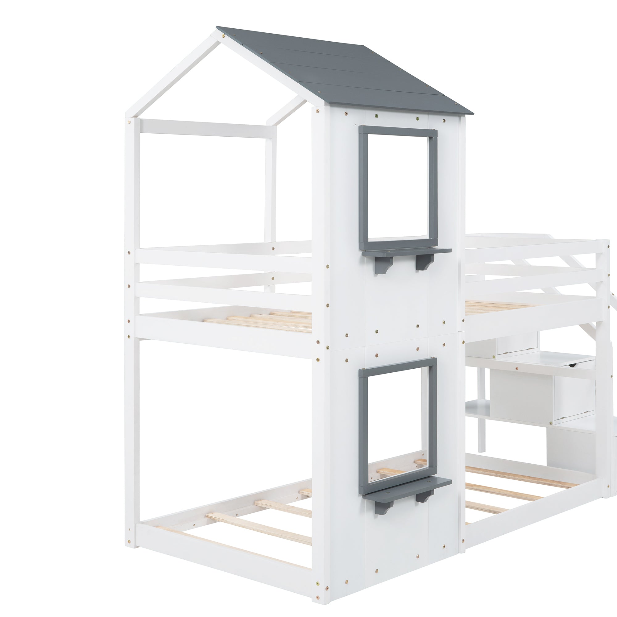 Twin Over Twin Bunk Bed with Storage Stairs,Wood Bed with Roof, Window, Guardrail, Ladder, White