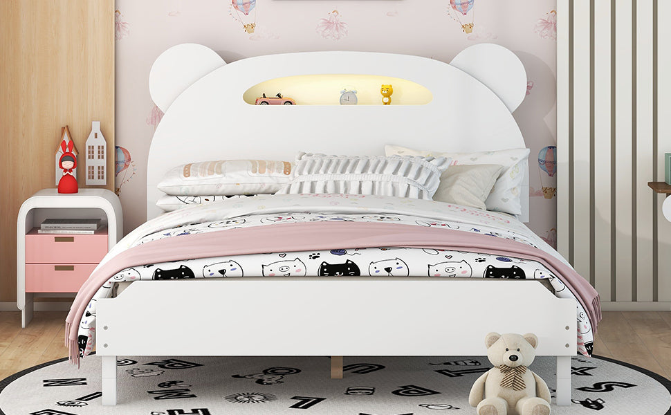 Full Size Wood Platform Bed with Bear-shaped Headboard,Bed with Motion Activated Night Lights,White