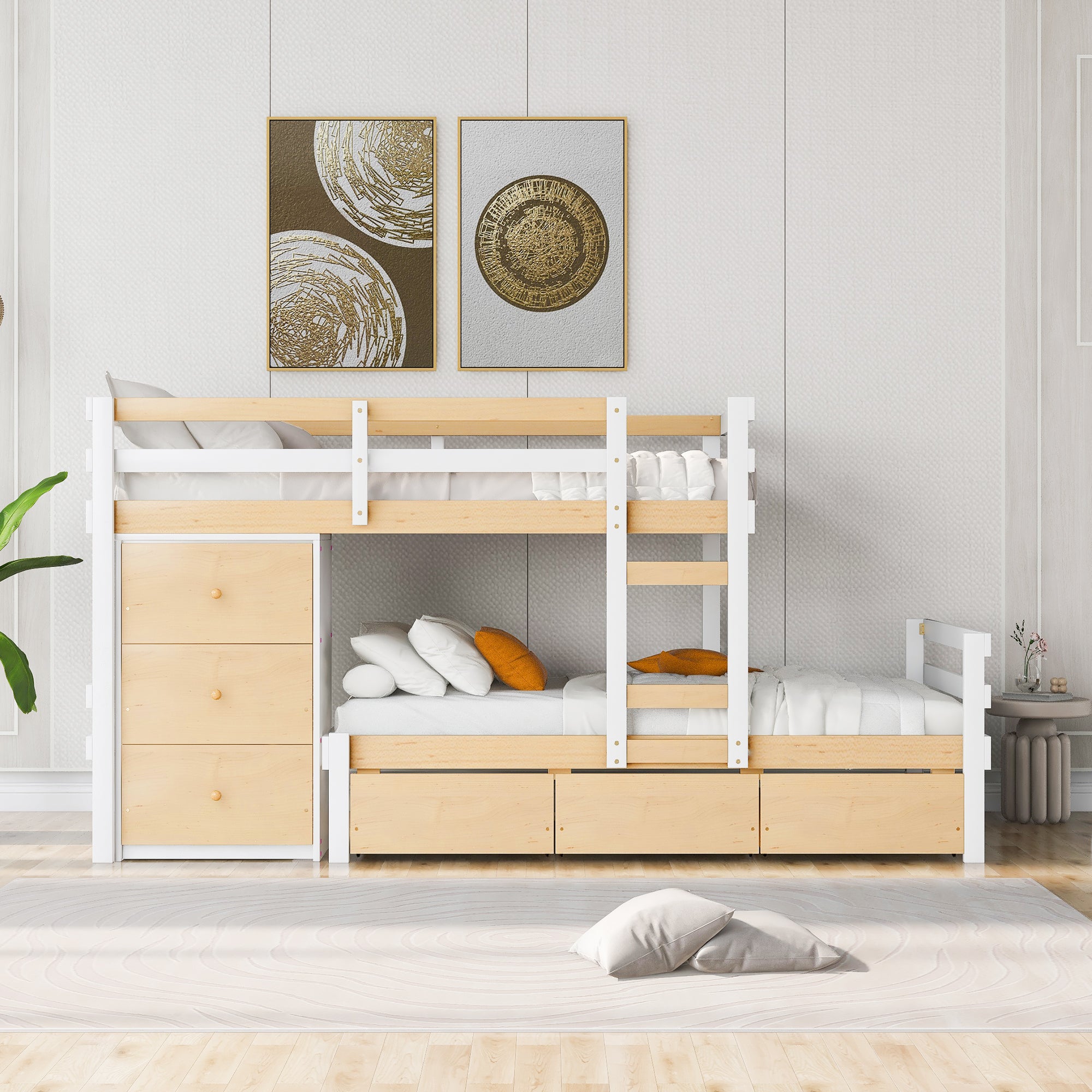 Twin over Twin Loft Bunk Bed with Drawers and Ladder, Natural