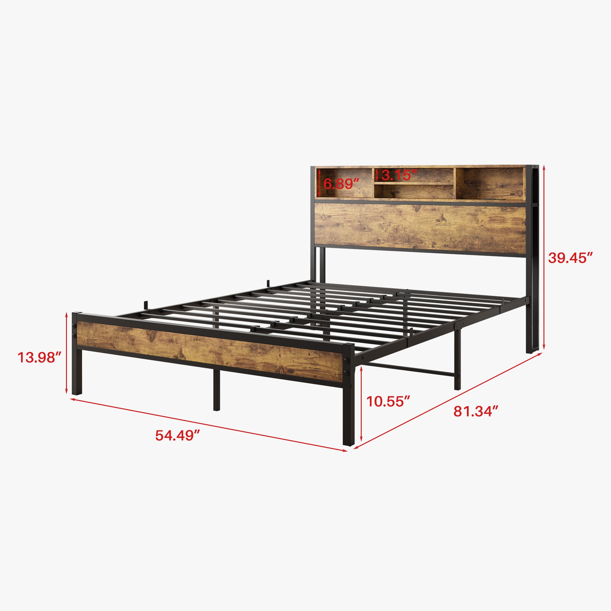 Full Size Bed Frame with Storage Headboard, Metal Platform Bed with Charging Station, Bookcase Storage, No Box Spring Needed, Easy Assembly, Noise-Free, Black