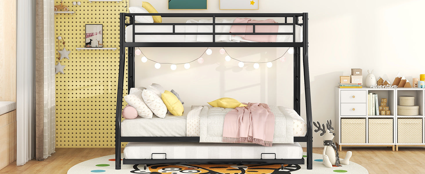 Twin over Full Bed with Sturdy Steel Frame, Bunk Bed with Twin Size Trundle, Two-Side Ladders, Black