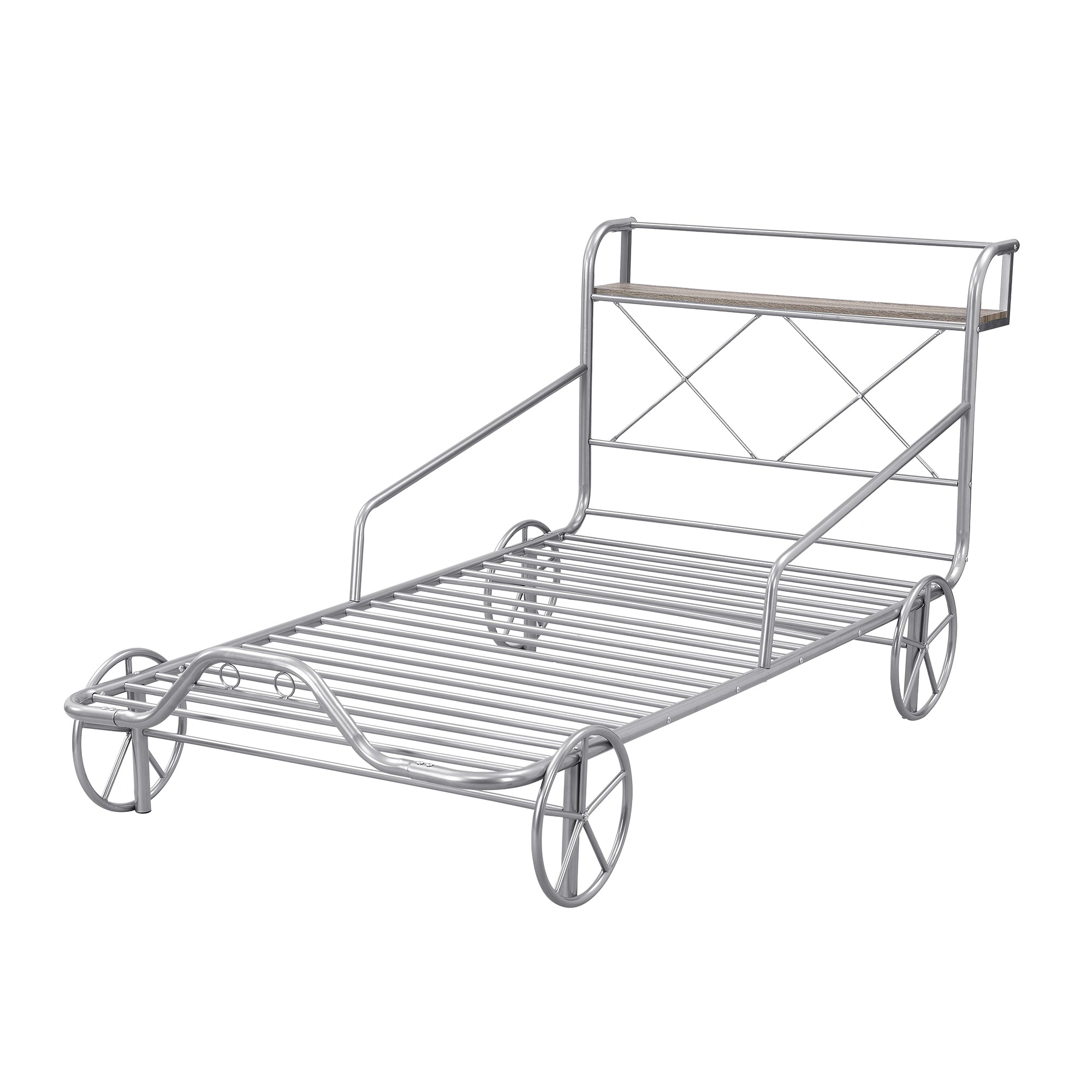 Twin Size Metal Car Bed with Four Wheels, Guardrails and X-Shaped Frame Shelf, Silver(Old SKU: MF297599AAN)
