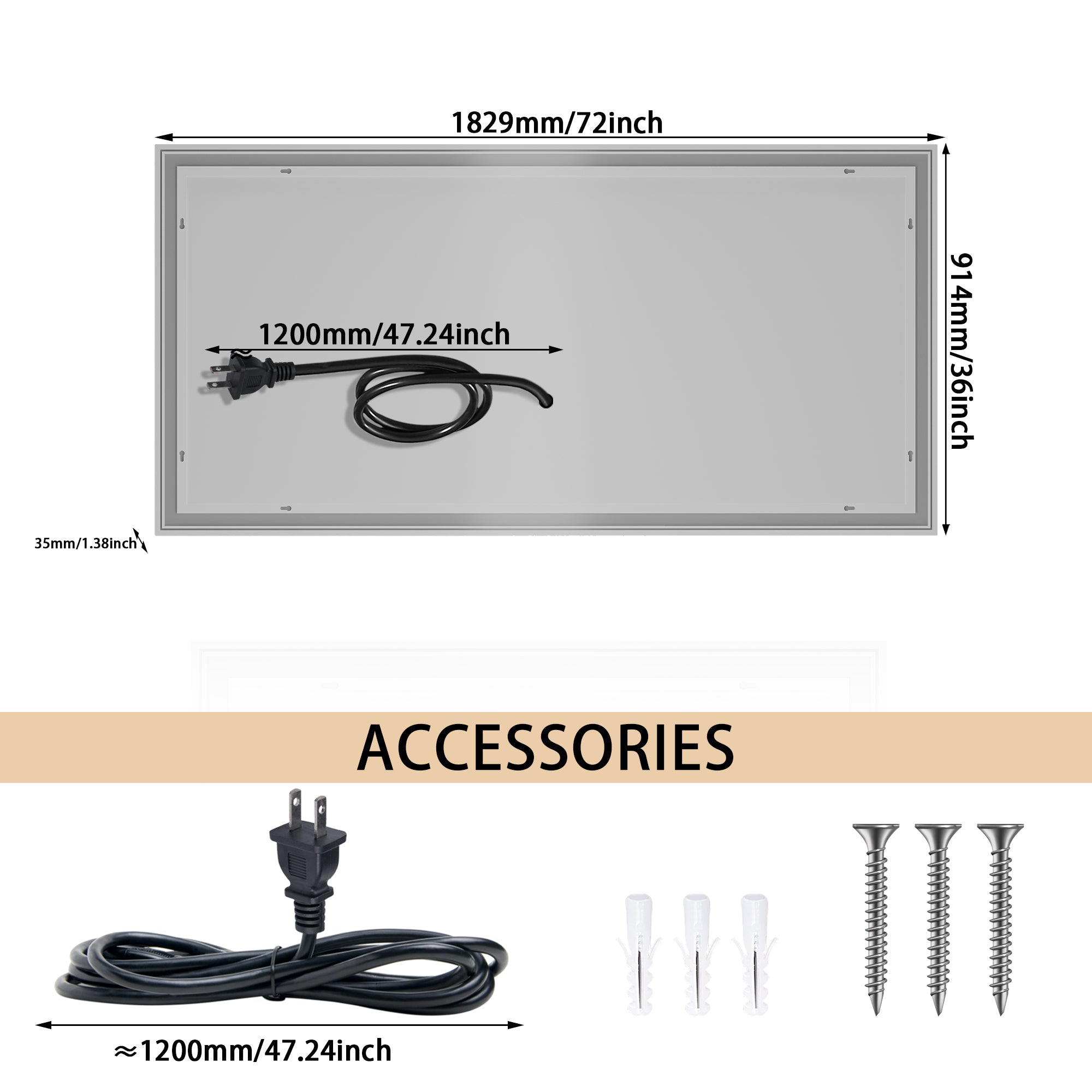 72×36 inch LED-Lit bathroom mirror, wall mounted anti-fog memory Large Adjustable Brightness front and back light Rectangular Vanity mirror