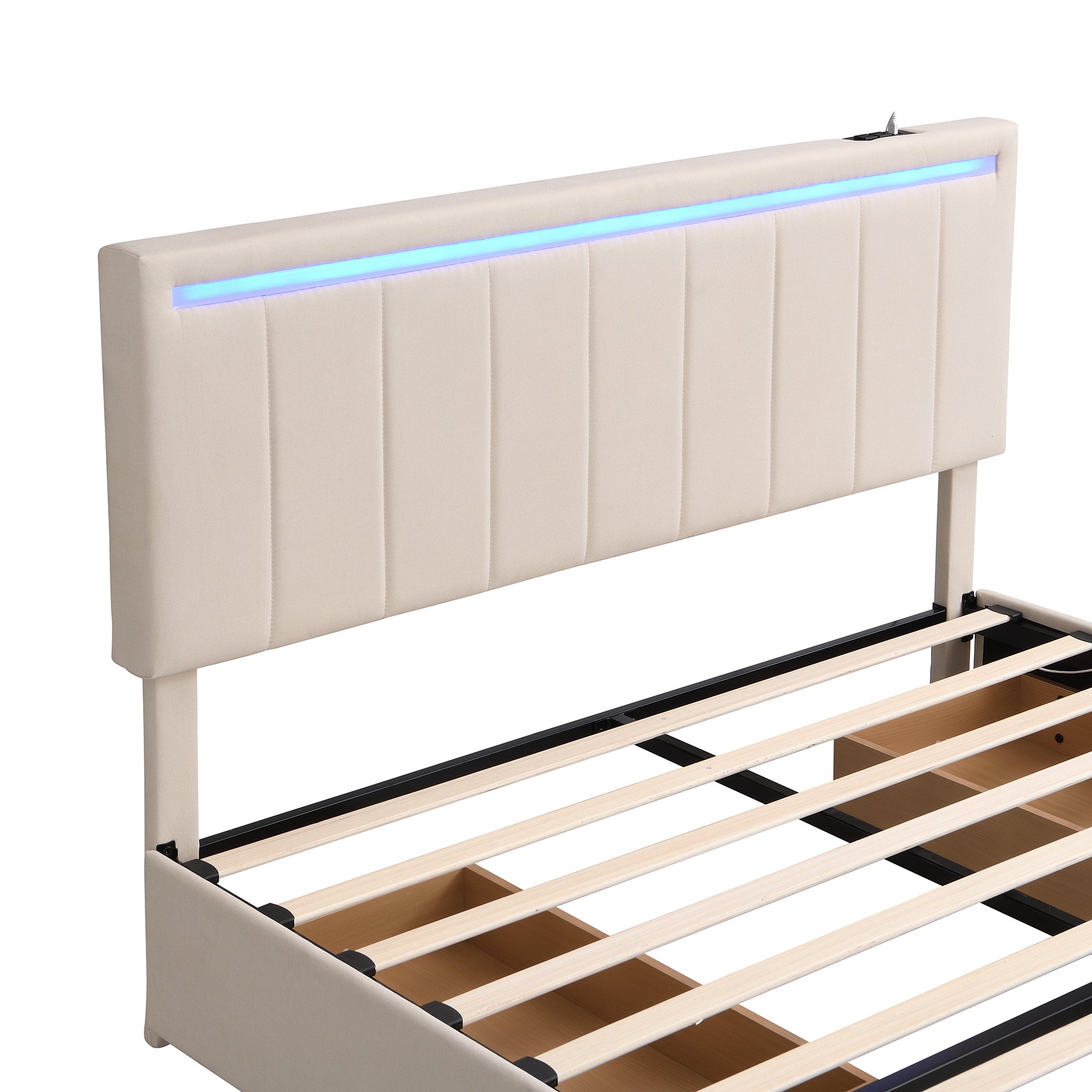 Queen Size Upholstered Bed with LED Light and 4 Drawers, Modern Platform Bed with a set of Sockets and USB Ports, Linen Fabric, Beige