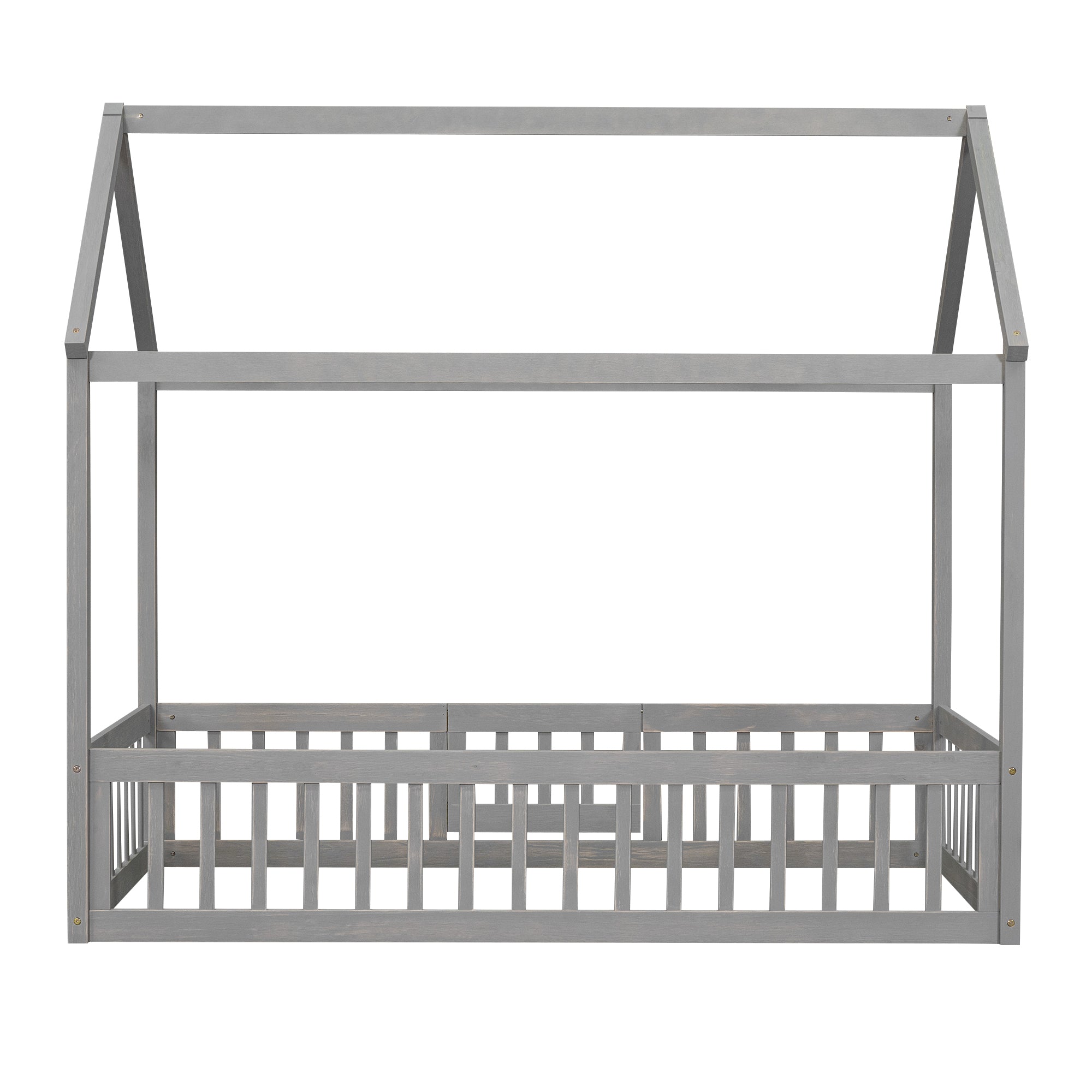 Twin Size Wood House Bed with Fence and Door, Gray Wash