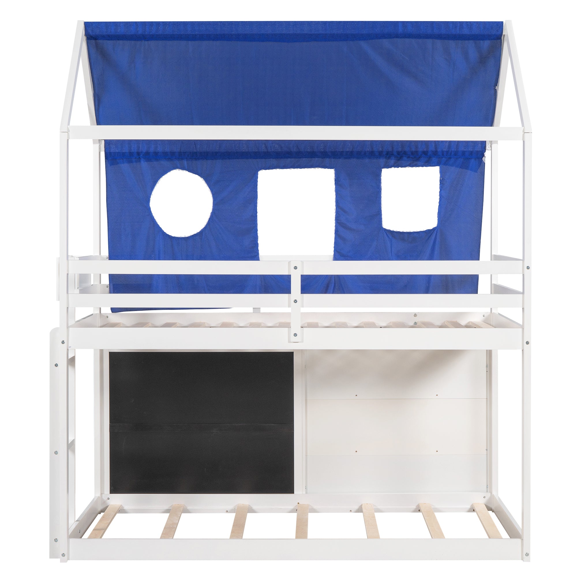 Twin over Twin House Bunk Bed with Blue Tent, Slide, Shelves and Blackboard, White