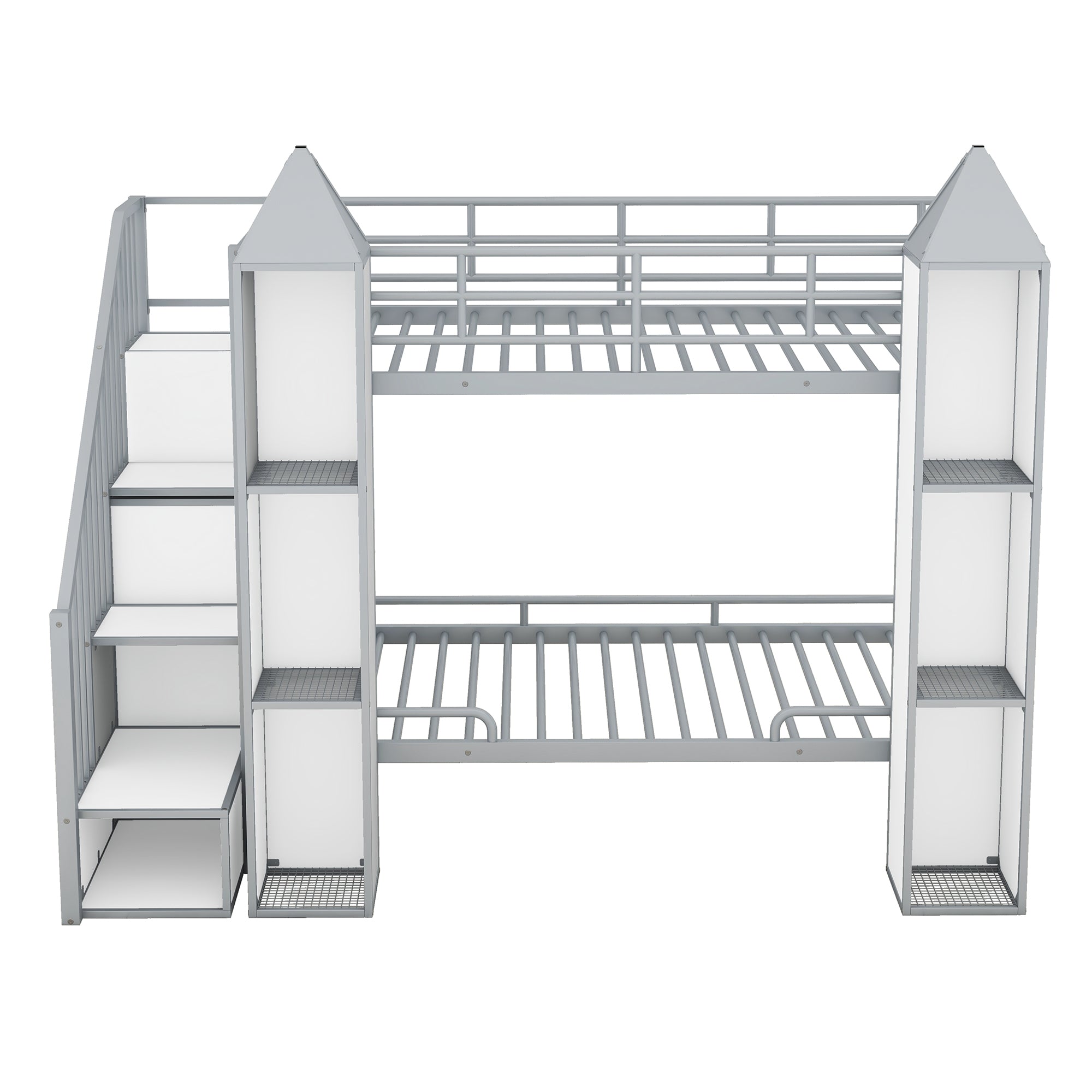Metal Twin over Twin Castle-shaped Bunk Bed with Wardrobe and Multiple Storage, Gray+White