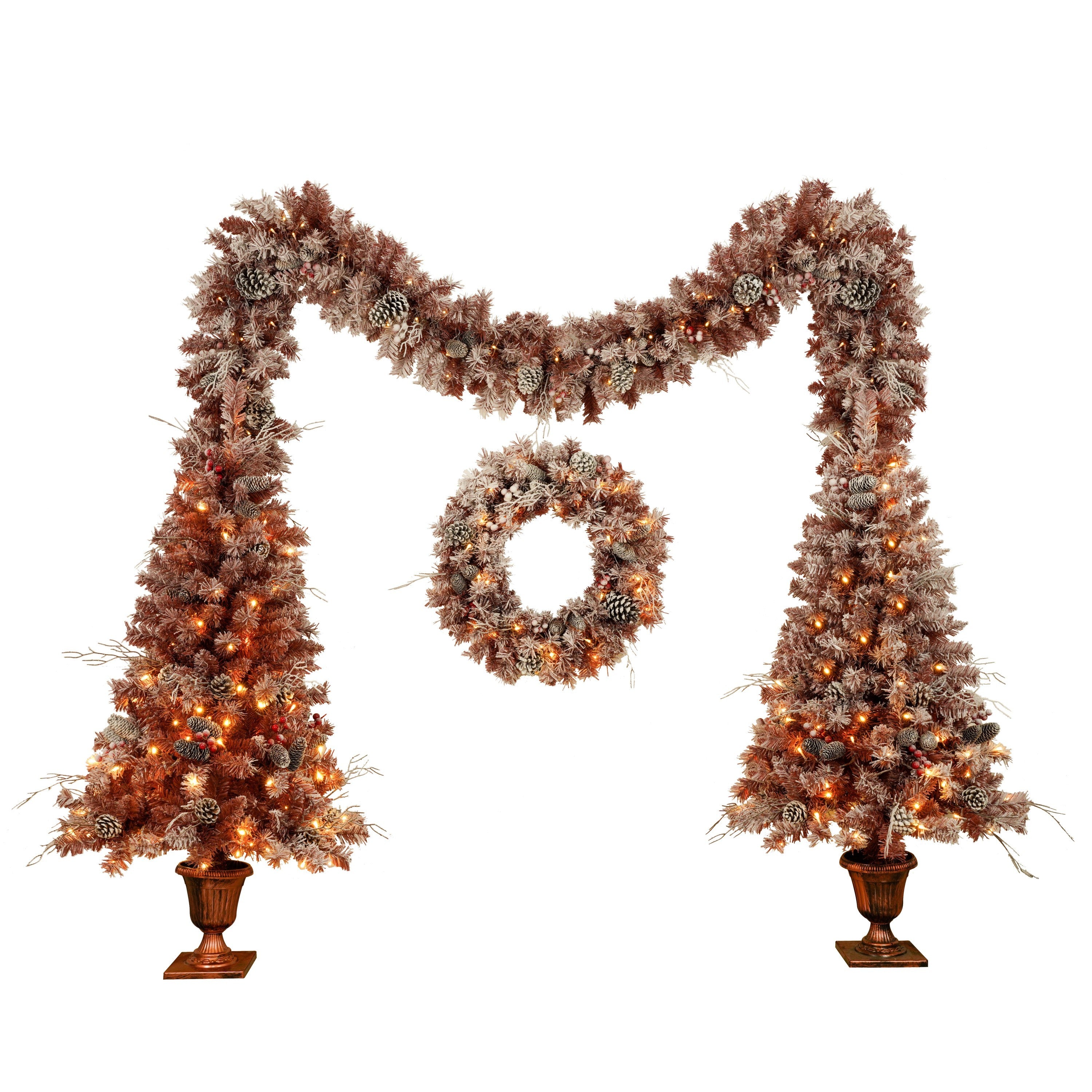 4-Pieces Set Artificial Christmas Tree, Brown Needles with flocking, with Warm Lights, pine cones and berries, Artificial Tree for door and fireplace