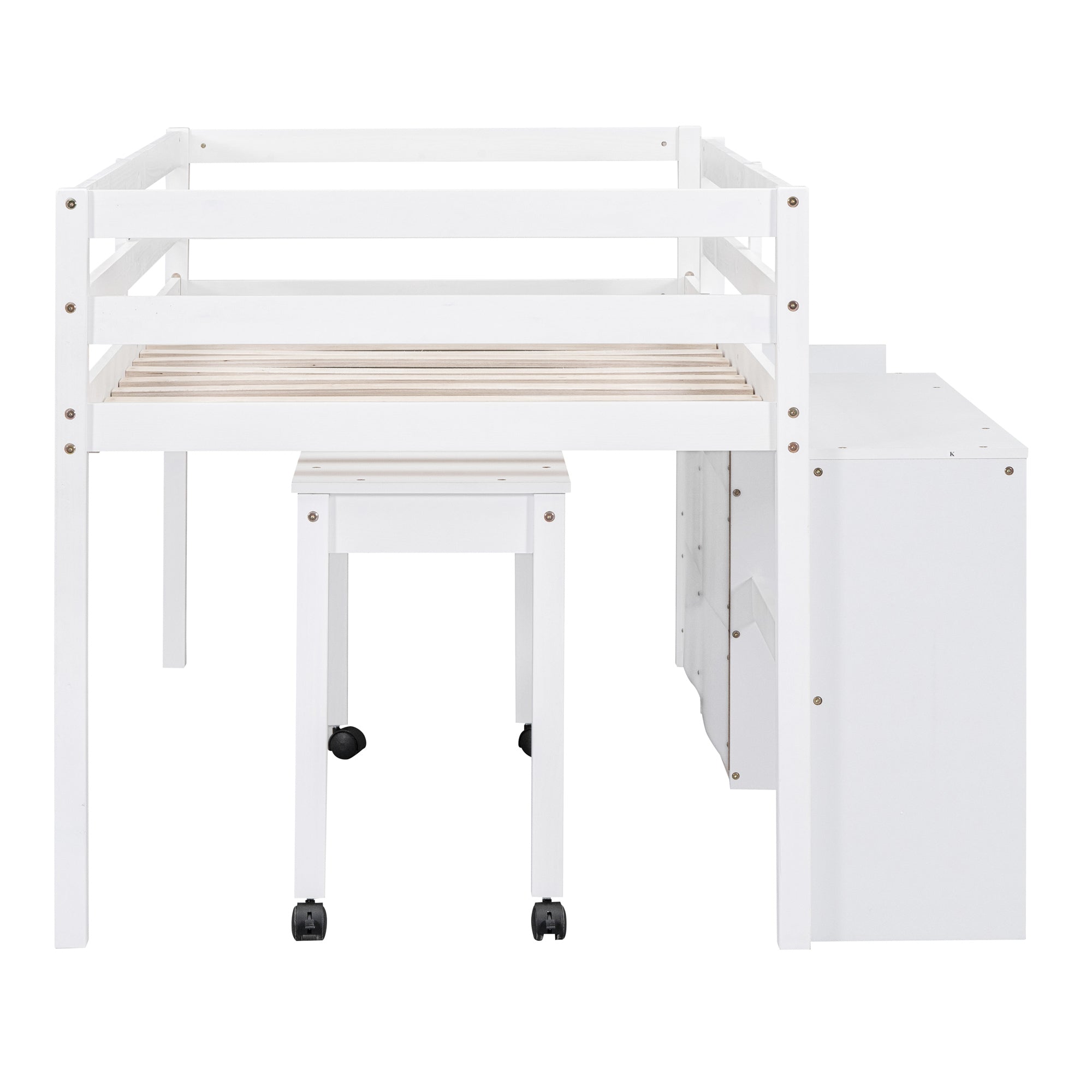 Twin Size Loft Bed with Desk and Drawers, Wooden Loft Bed with Lateral Portable Desk, White