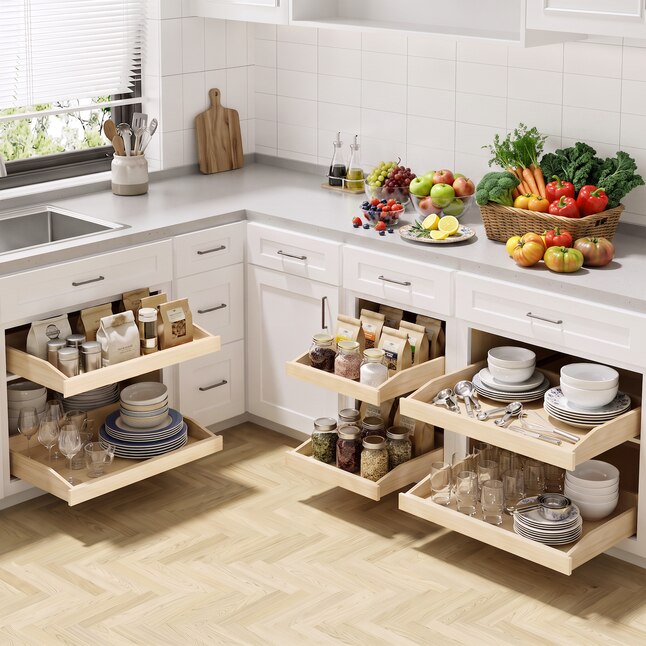 Wooden Pull-Out Cabinet Shelf Organizer with Soft Close Cabinet Drawers Slide Out for Kitchen Base Cabinet