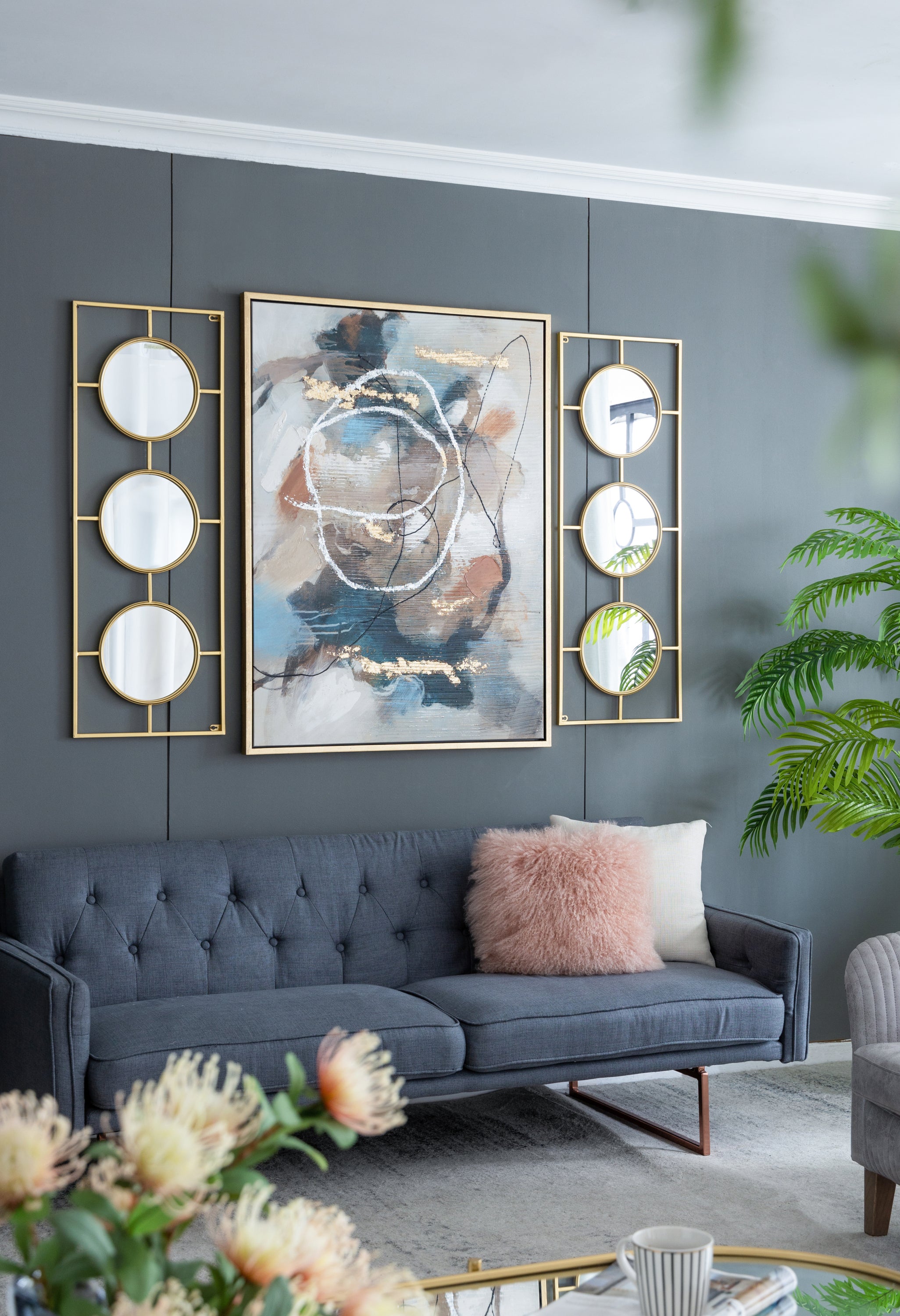 3 Mirror Piece Wall Mirror in Gold Rectangular Frame, Home Wall Decor for Bedroom Living Room, 43"x16"