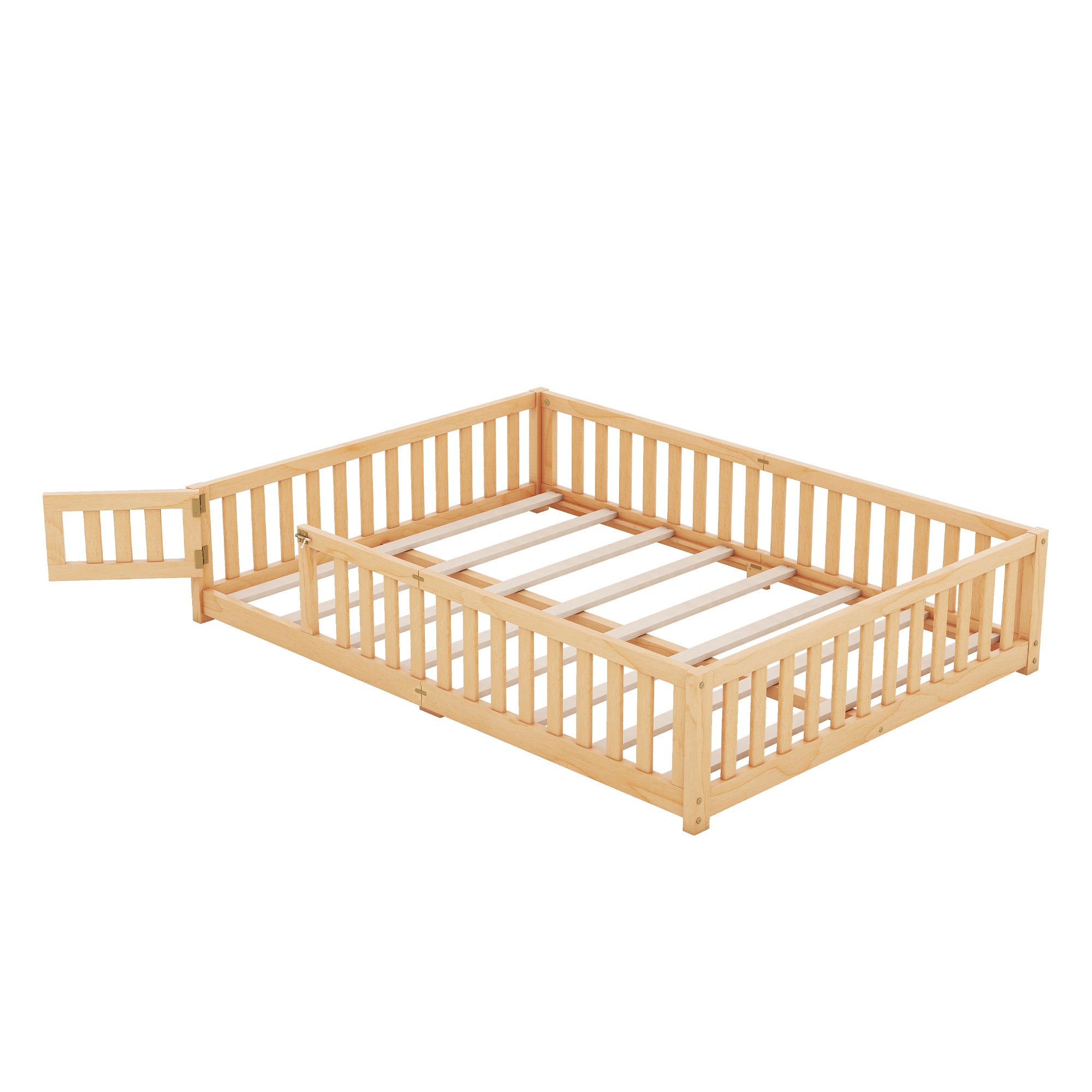 Queen Size Bed Floor Bed with Safety Guardrails and Door for Kids, Natural (Expect Arrival Date Nov.2nd)