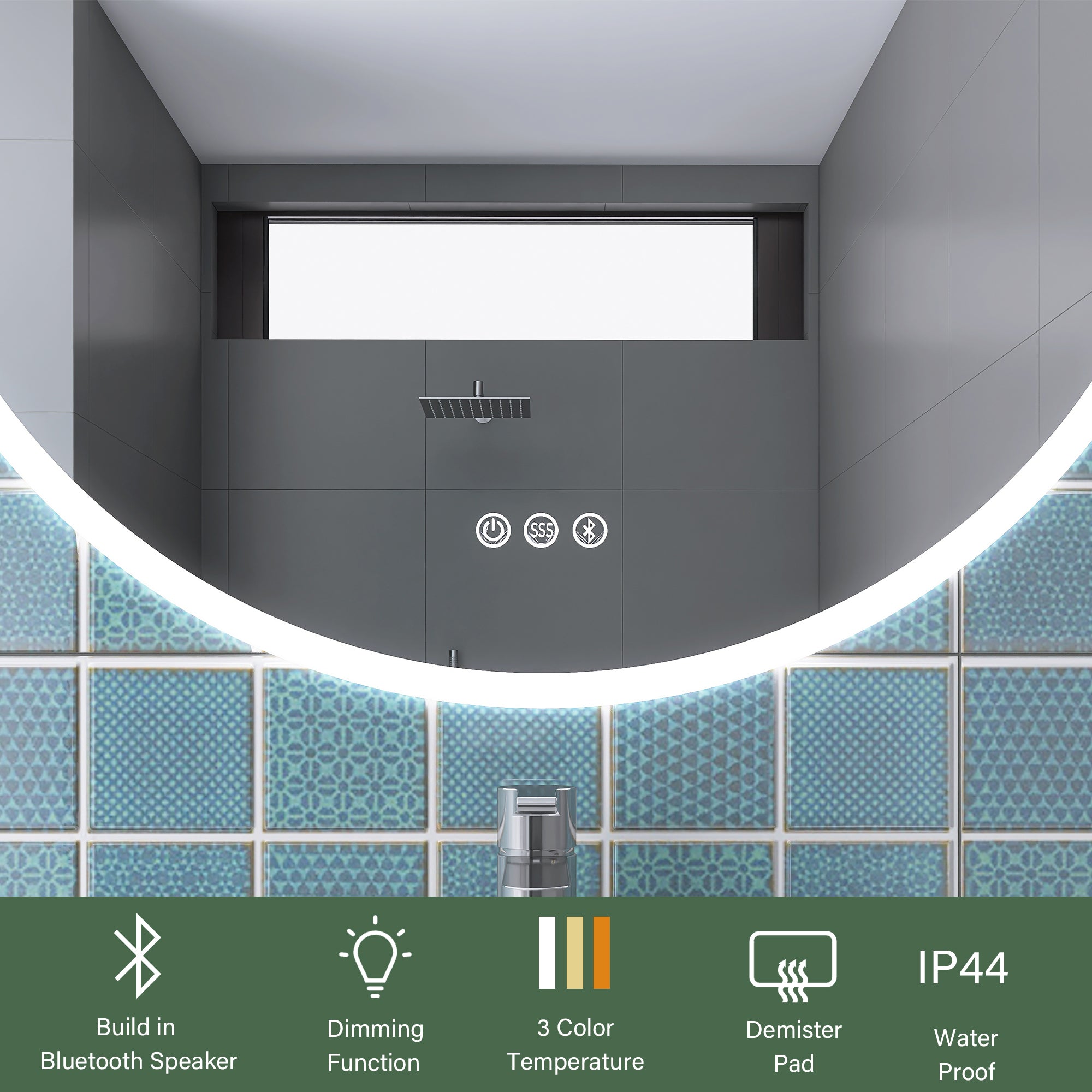 Round Wall-Mounted Dimmable LED Bathroom Vanity Mirror with Defogger and Bluetooth Music Speaker