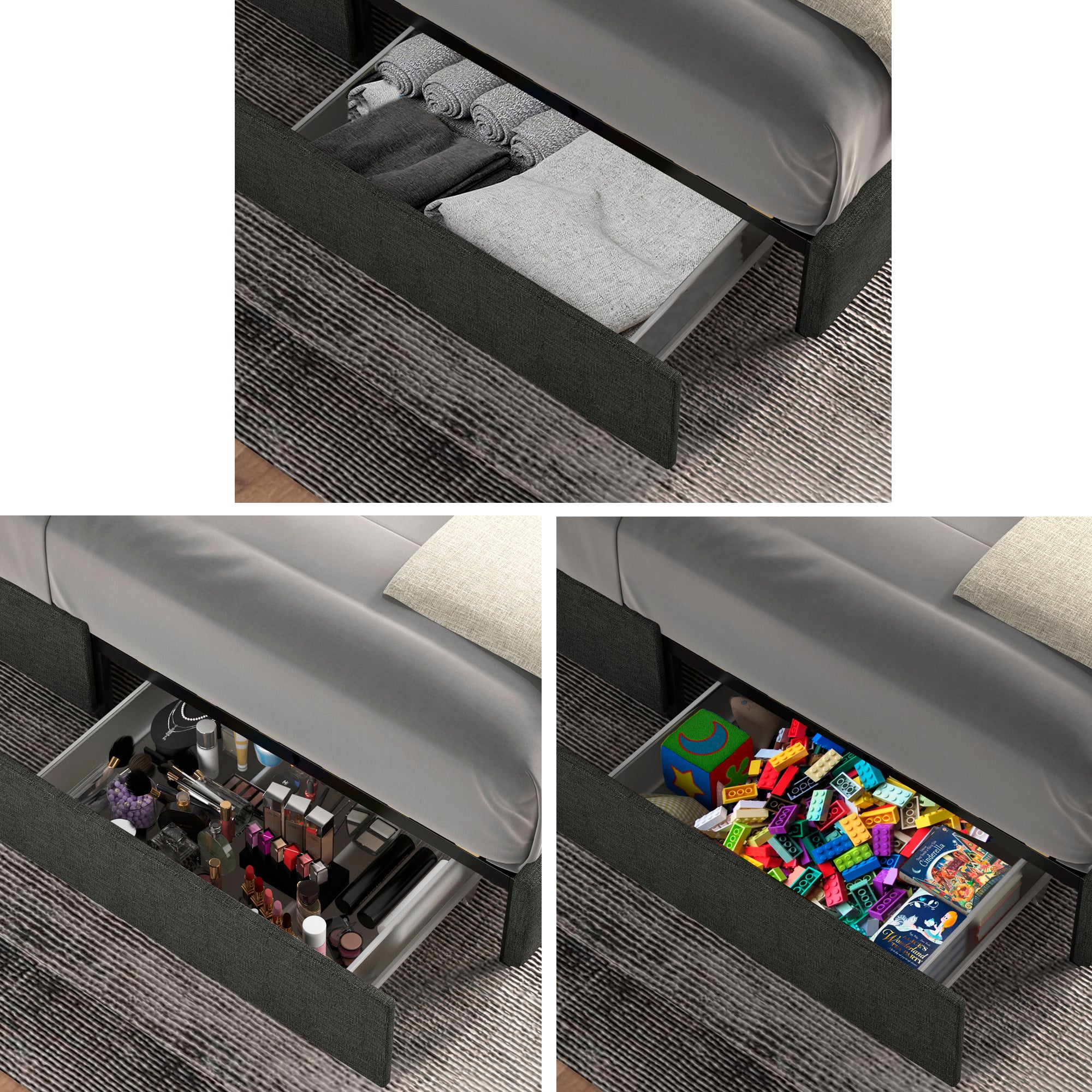 Anna Full Size Gray Velvet Upholstered Wingback Platform Bed with Patented 4 Drawers Storage, Modern Design Headboard with Tight Channel, Wooden Slat Mattress Support No Box Spring Needed