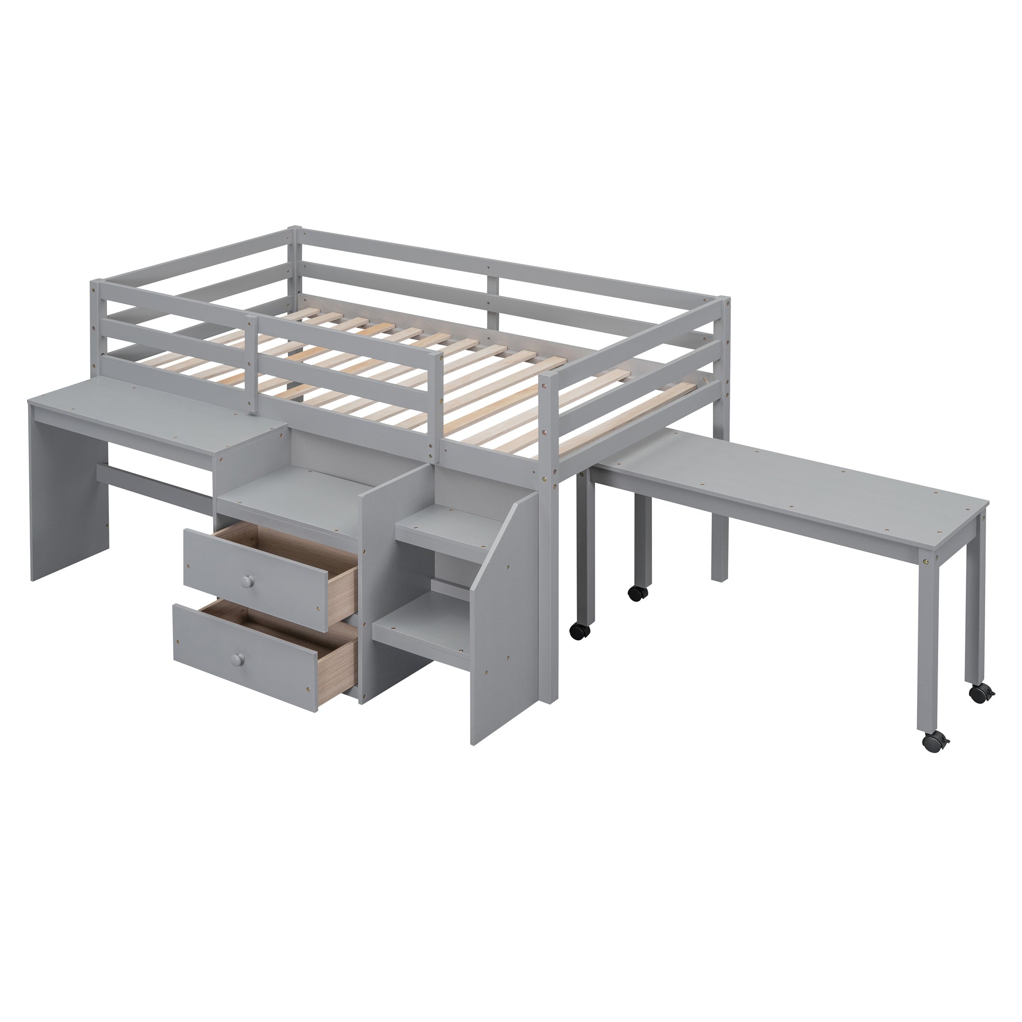 Twin Size Loft Bed with Desk and Drawers, Wooden Loft Bed with Lateral Portable Desk, Gray