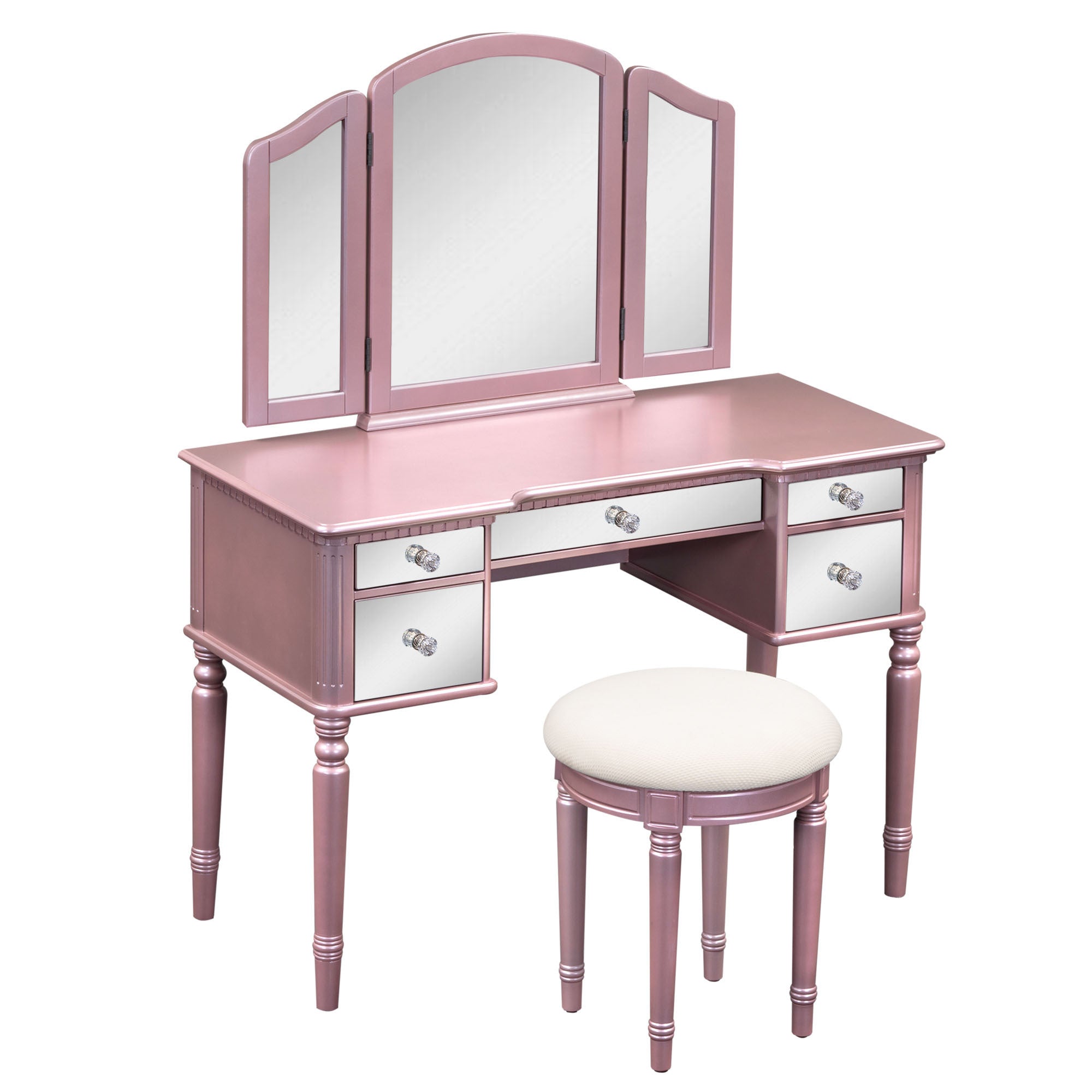 43" Dressing Table Set with Mirrored Drawers and Stool, Tri-fold Mirror, Makeup Vanity Set for Bedroom, Rose Gold