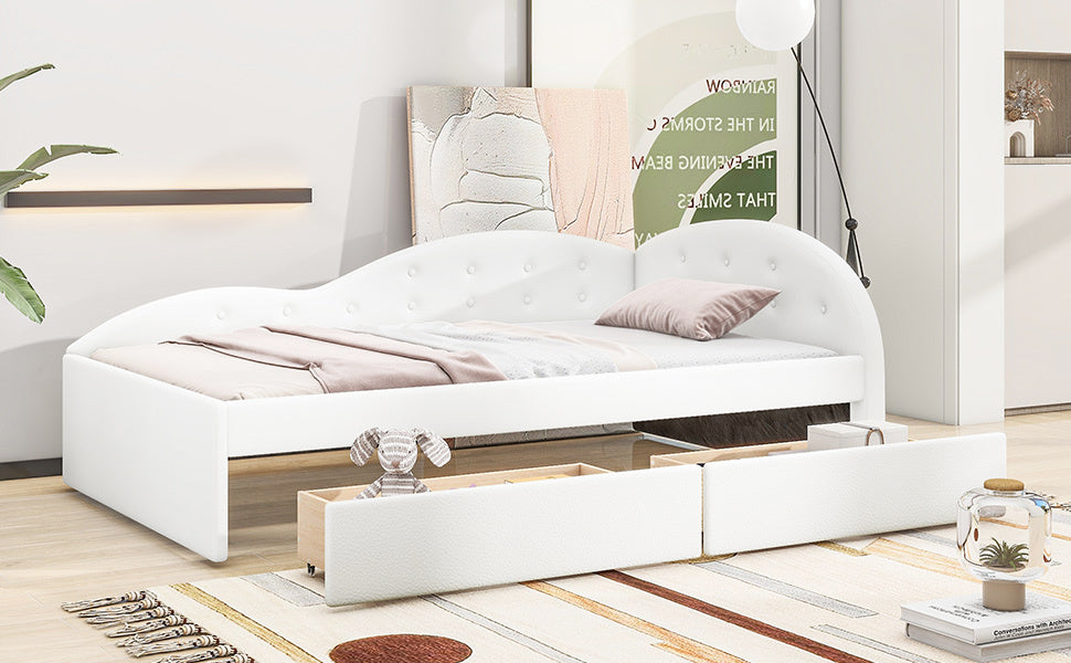 Twin Size PU Upholstered Tufted Daybed with Two Drawers and Cloud Shaped Guardrail, White
