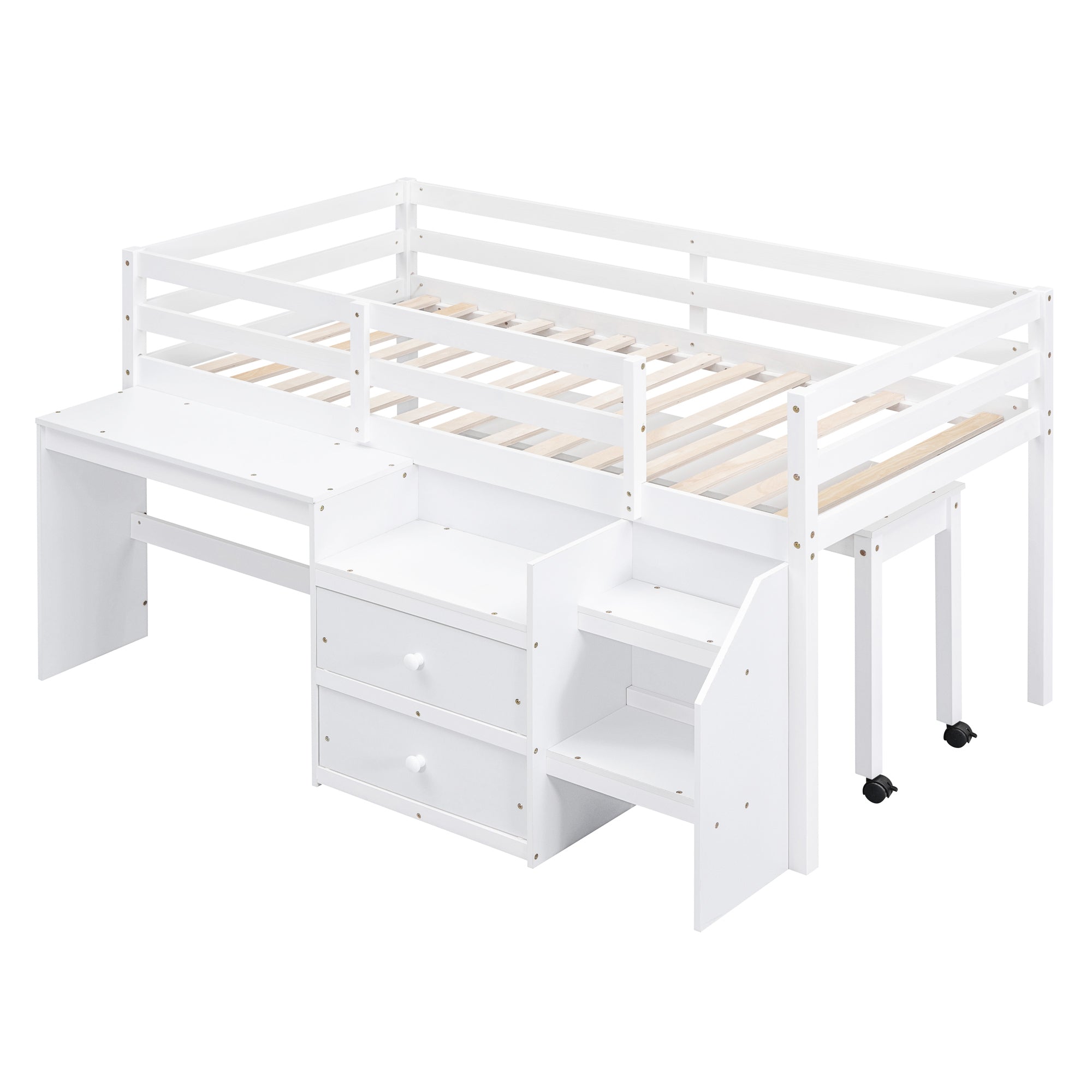 Twin Size Loft Bed with Desk and Drawers, Wooden Loft Bed with Lateral Portable Desk, White
