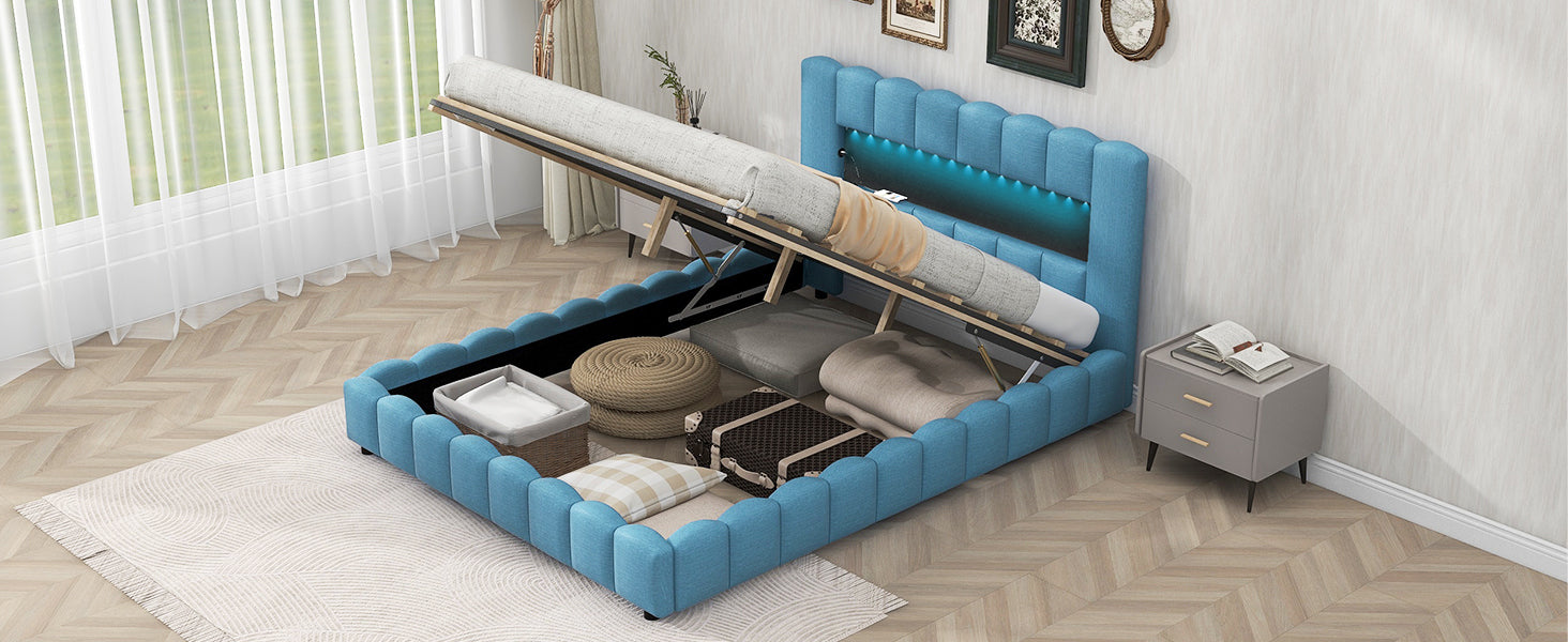 Queen Size Upholstered Platform Bed with LED Headboard and USB, Blue